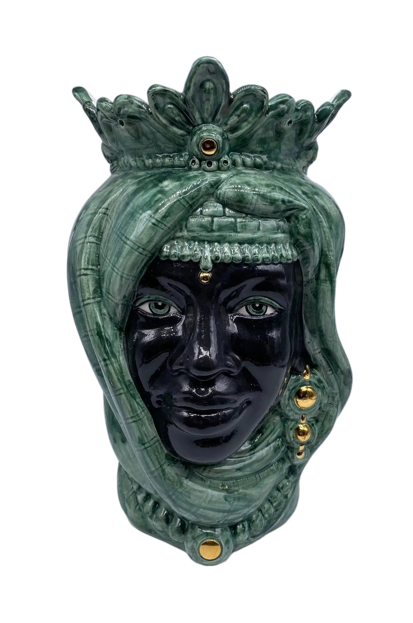 Teste di Moro Afro Ceramica Caltagirone cm H.35 L.23 Artigianale Verde con Oro - DD CERAMICHE SICILIANE