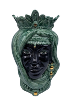 Teste di Moro Afro Ceramica Caltagirone cm H.35 L.23 Artigianale Verde con Oro - DD CERAMICHE SICILIANE