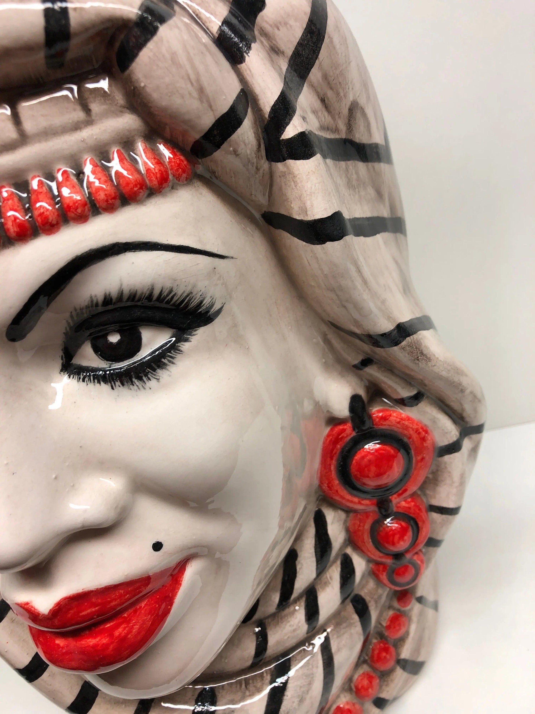 Teste di Moro Afro Ceramica Caltagirone cm H.35 L.23 Artigianale Turbante Striscie DD CERAMICHE SICILIANE
