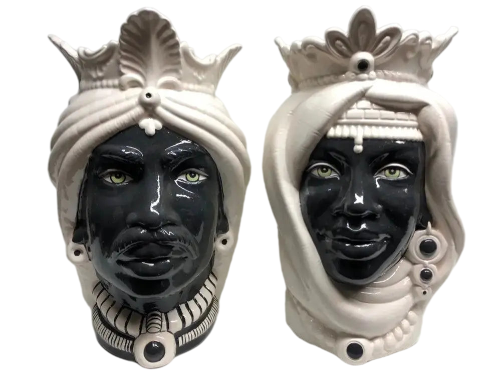 Teste di Moro Afro Ceramica Caltagirone cm H.35 L.23 Artigianale Bicolore Bianco Nero - DD CERAMICHE SICILIANE
