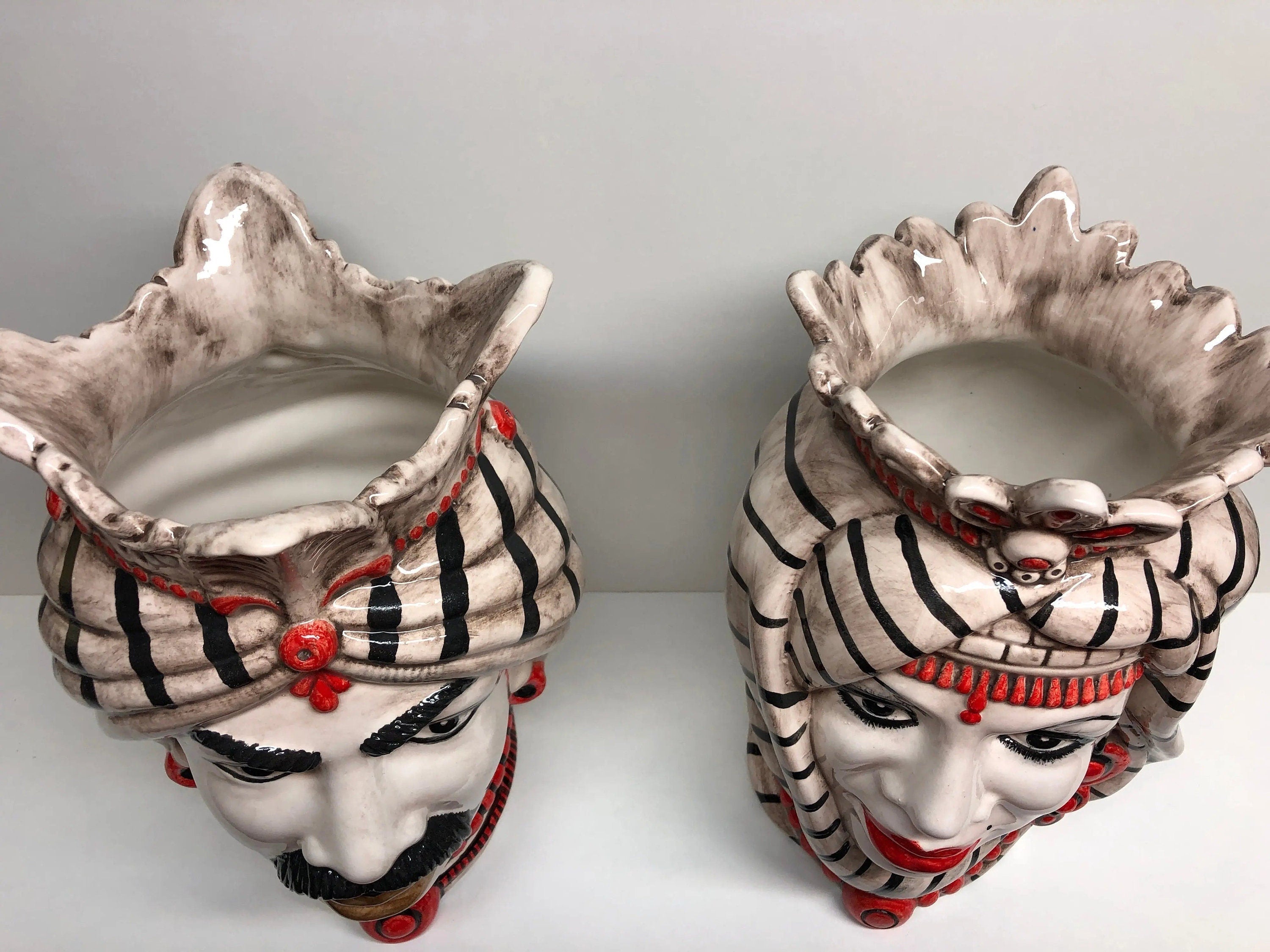 Teste di Moro Afro Ceramica Caltagirone cm H.35 L.23 Artigianale Turbante Striscie DD CERAMICHE SICILIANE