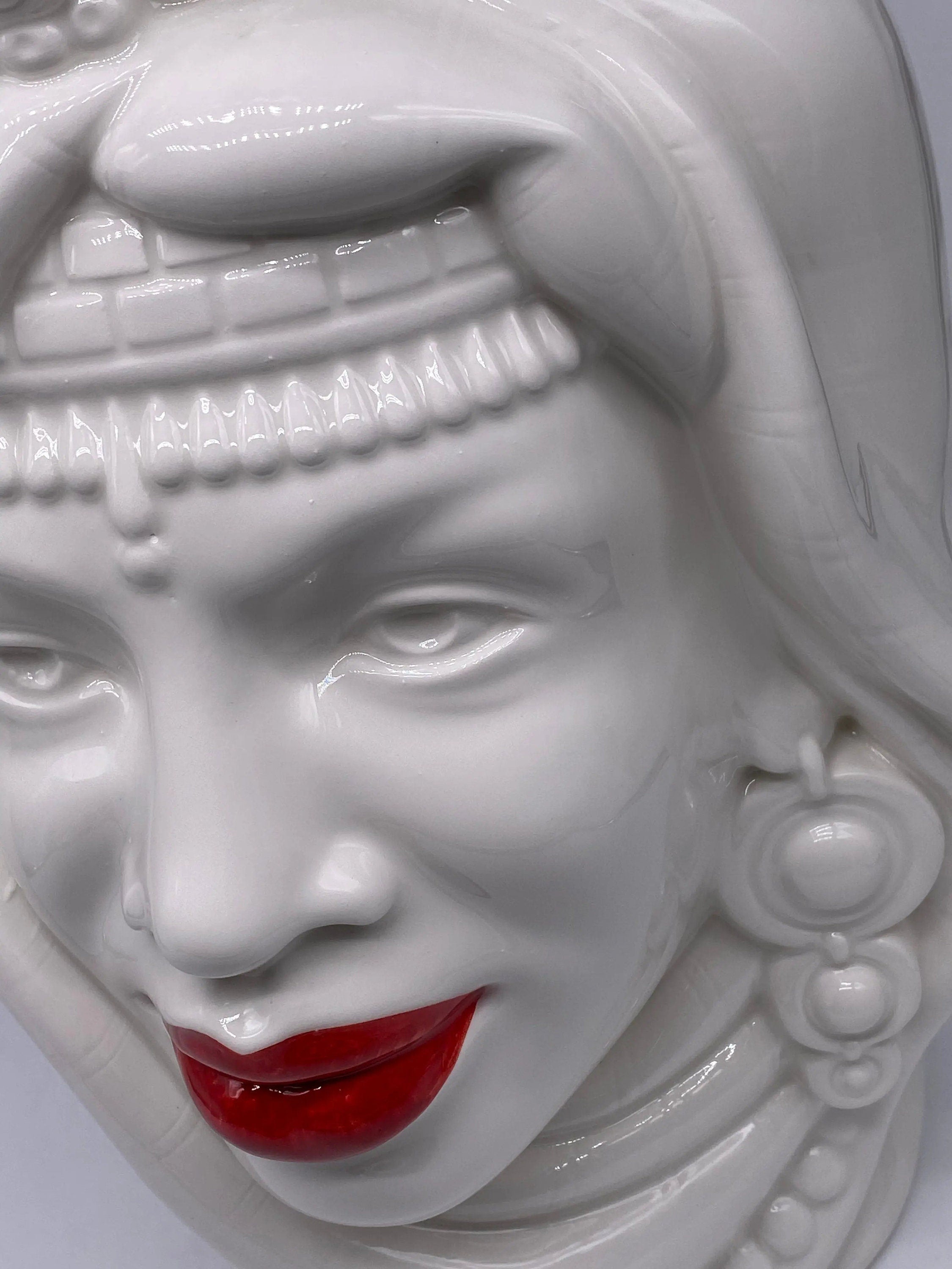 Teste di Moro Afro Ceramica Caltagirone cm H.37 L.24 Artigianale Bianco Labbra Rosse DD CERAMICHE SICILIANE