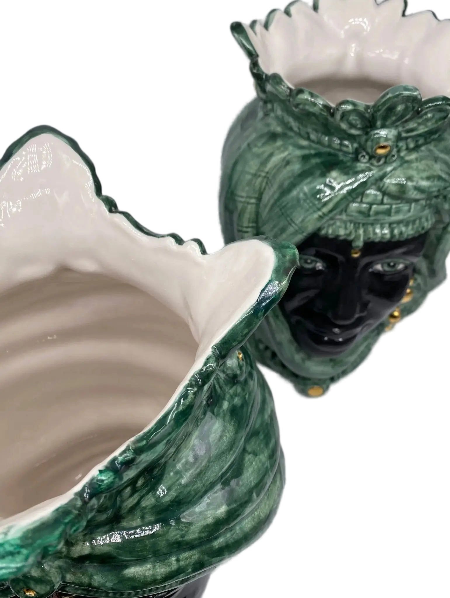 Teste di Moro Afro Ceramica Caltagirone cm H.35 L.23 Artigianale Verde con Oro - DD CERAMICHE SICILIANE