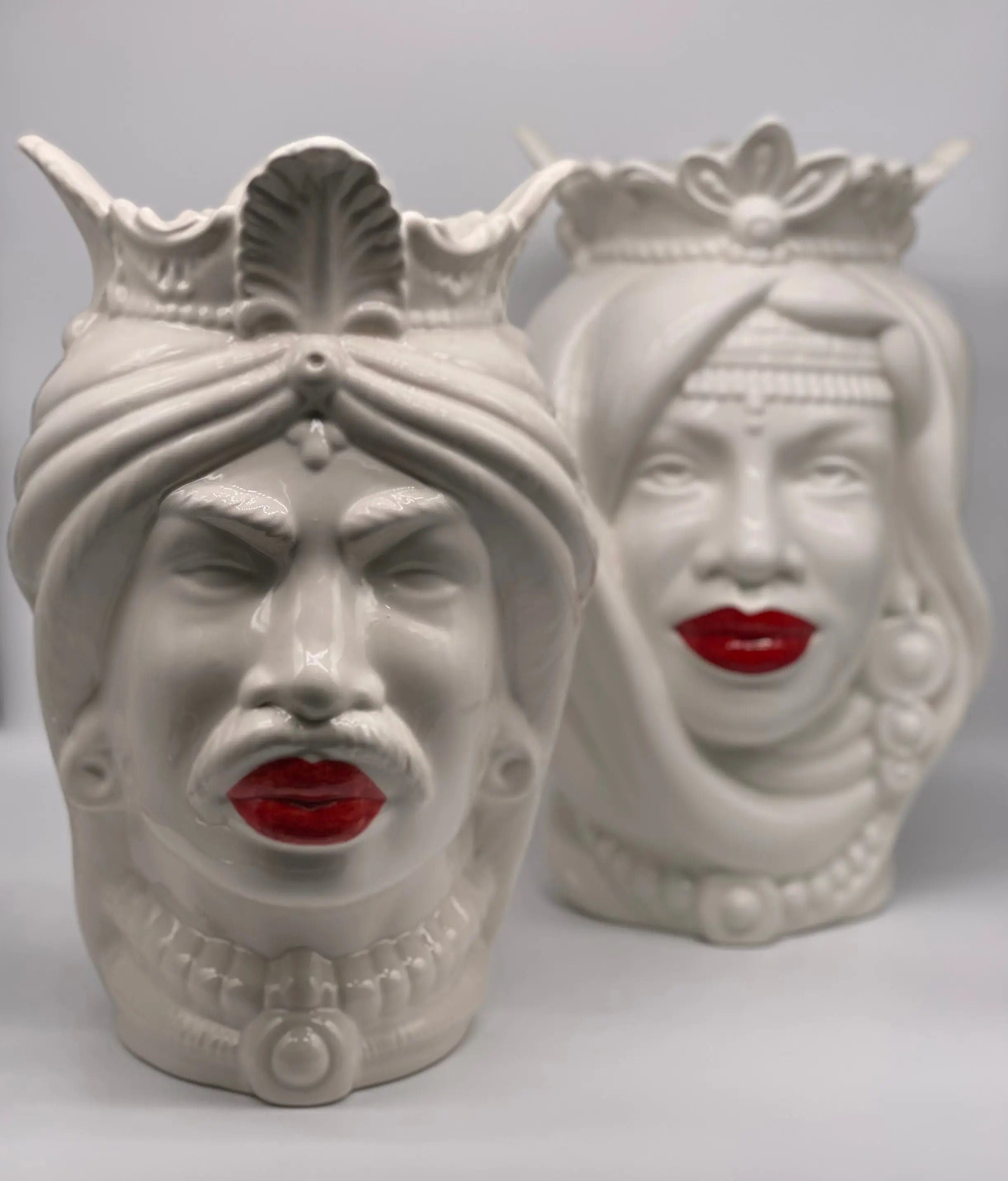 Teste di Moro Afro Ceramica Caltagirone cm H.37 L.24 Artigianale Bianco Labbra Rosse DD CERAMICHE SICILIANE