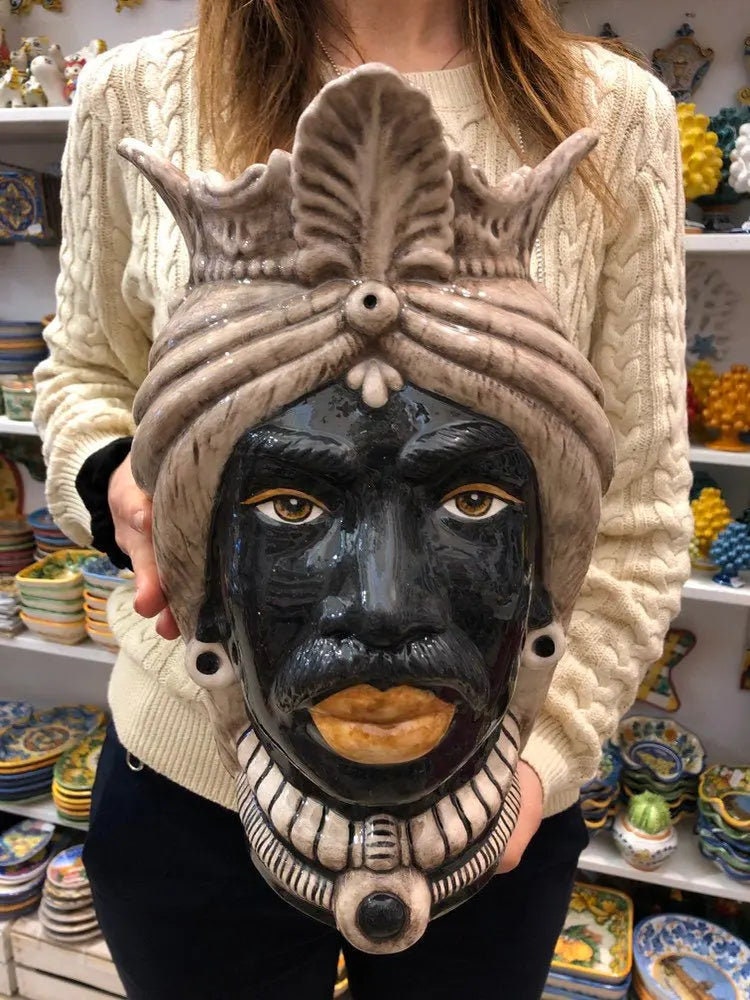 Teste di Moro Afro Ceramica Caltagirone cm H.35 L.23 Artigianale Beige Écru DD CERAMICHE SICILIANE