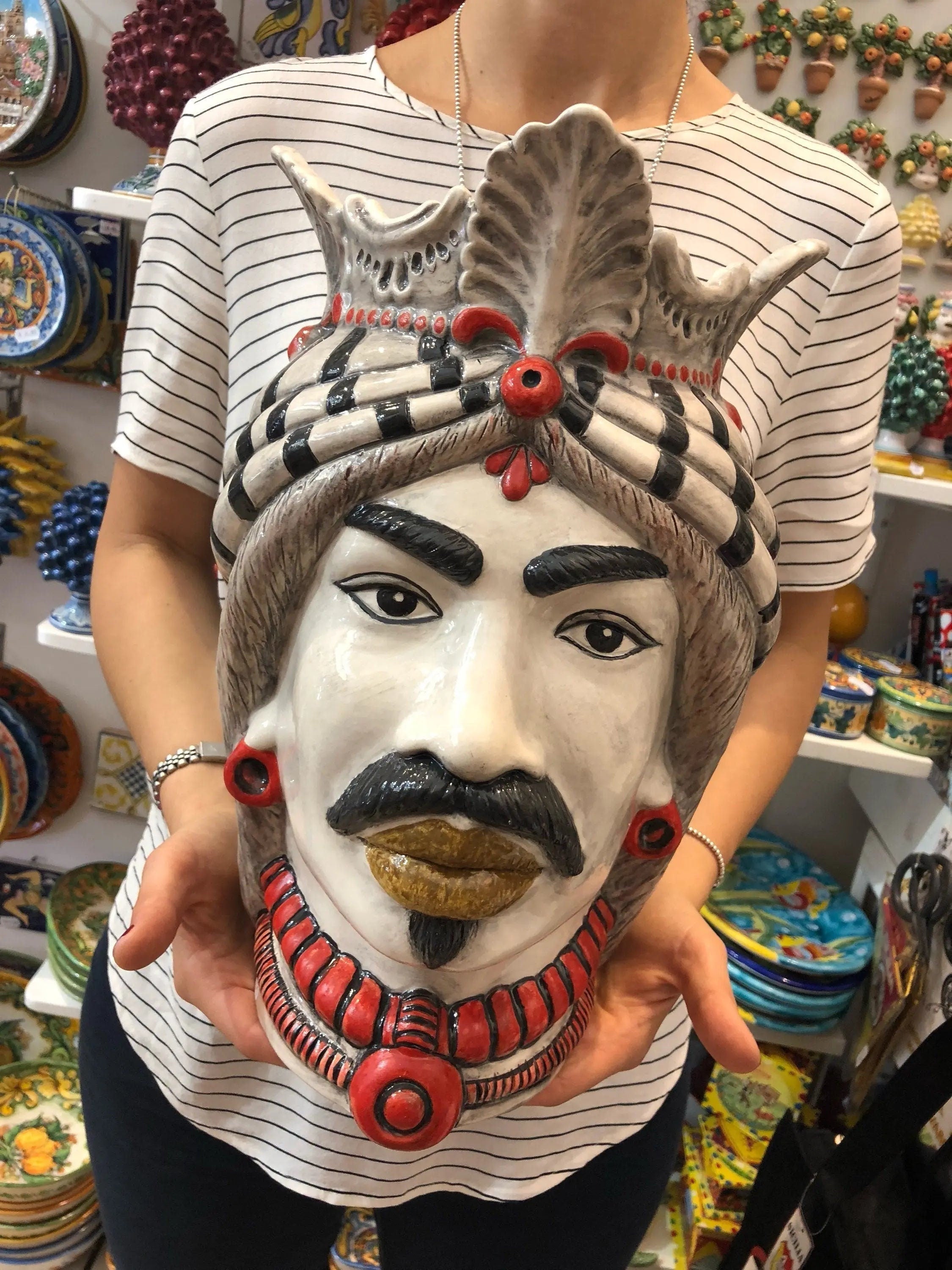 Teste di Moro Afro Ceramica Caltagirone cm H.35 L.23 Artigianale Turbante Striscie DD CERAMICHE SICILIANE