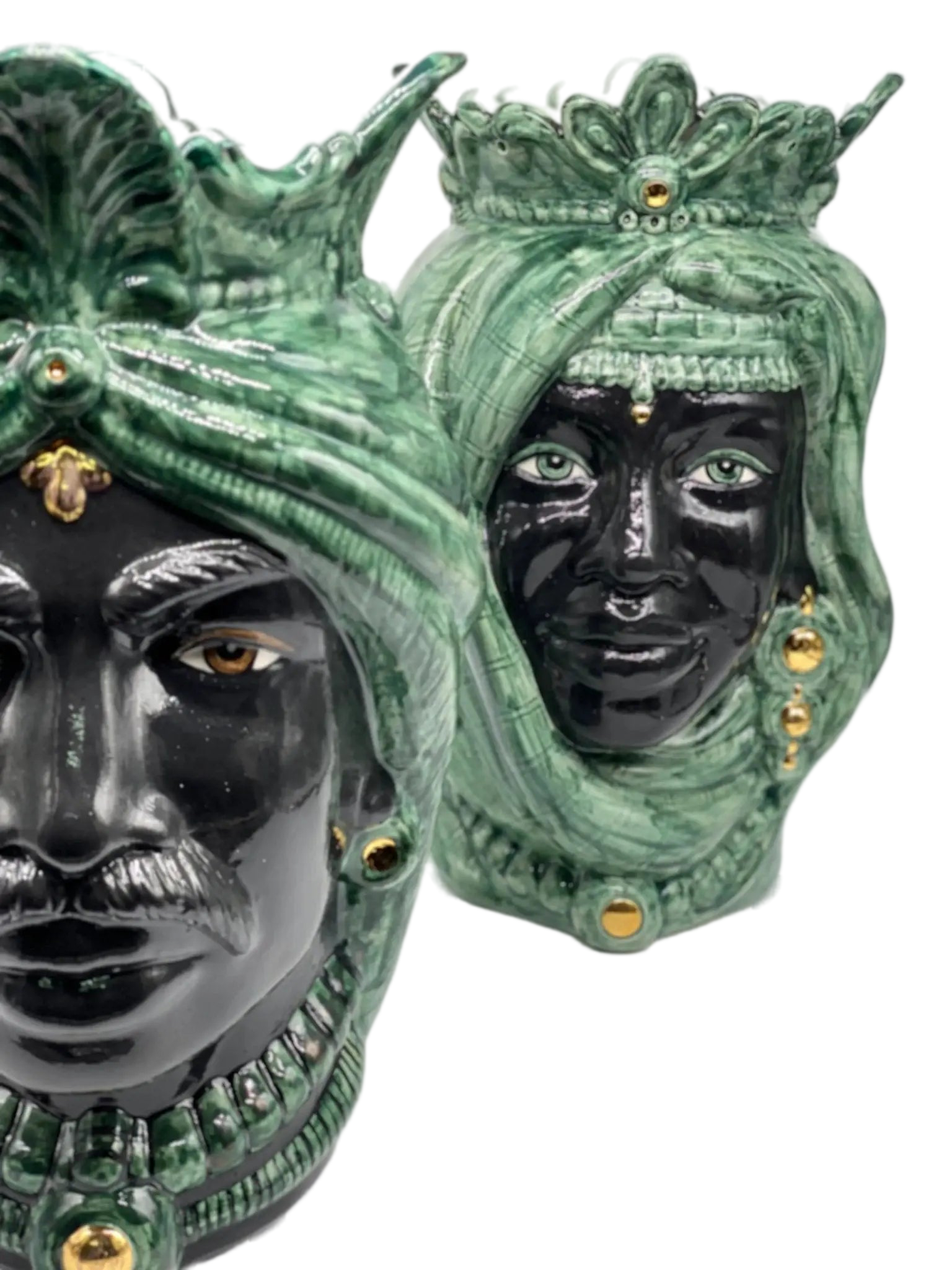 Teste di Moro Afro Ceramica Caltagirone cm H.35 L.23 Artigianale Verde con Oro - DD CERAMICHE SICILIANE