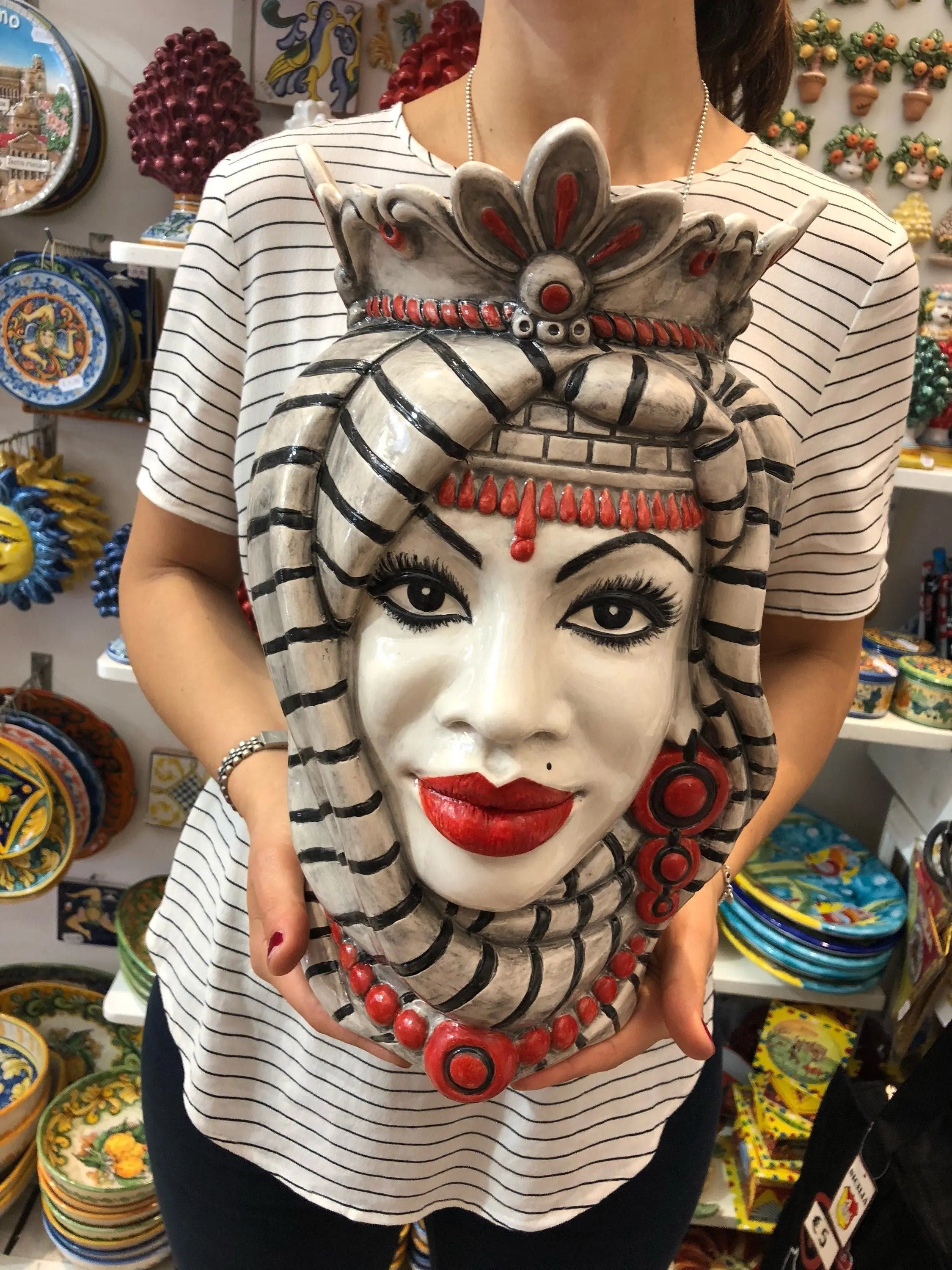 Teste di Moro Afro Ceramica Caltagirone cm H.35 L.23 Artigianale Turbante Striscie DD CERAMICHE SICILIANE
