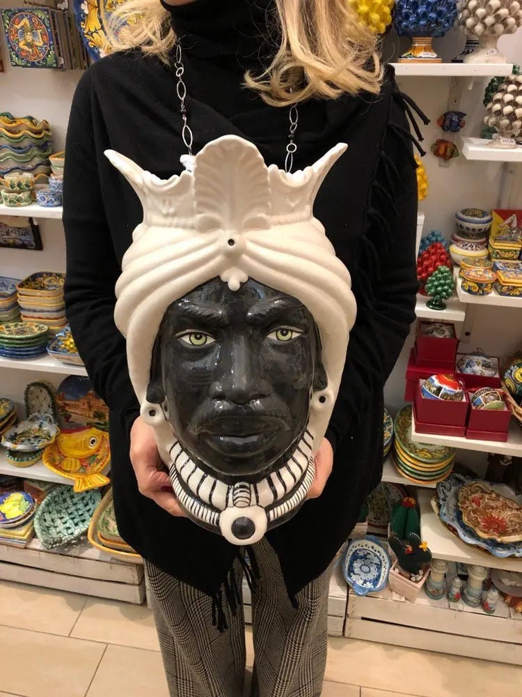 Teste di Moro Afro Ceramica Caltagirone cm H.35 L.23 Artigianale Bicolore Bianco Nero DD CERAMICHE SICILIANE