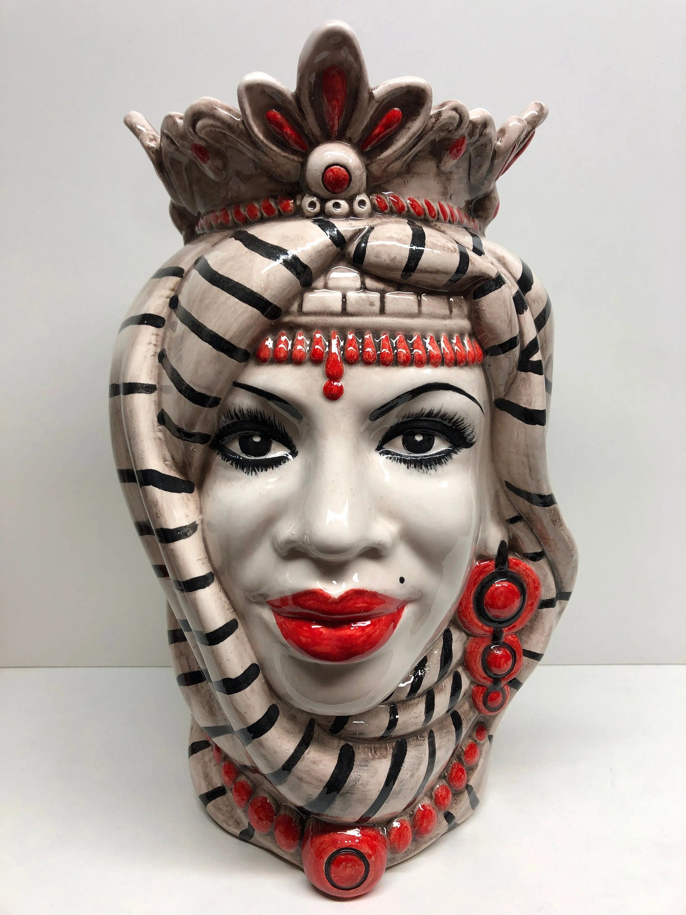 Teste di Moro Afro Ceramica Caltagirone cm H.35 L.23 Artigianale Turbante Striscie DD CERAMICHE SICILIANE