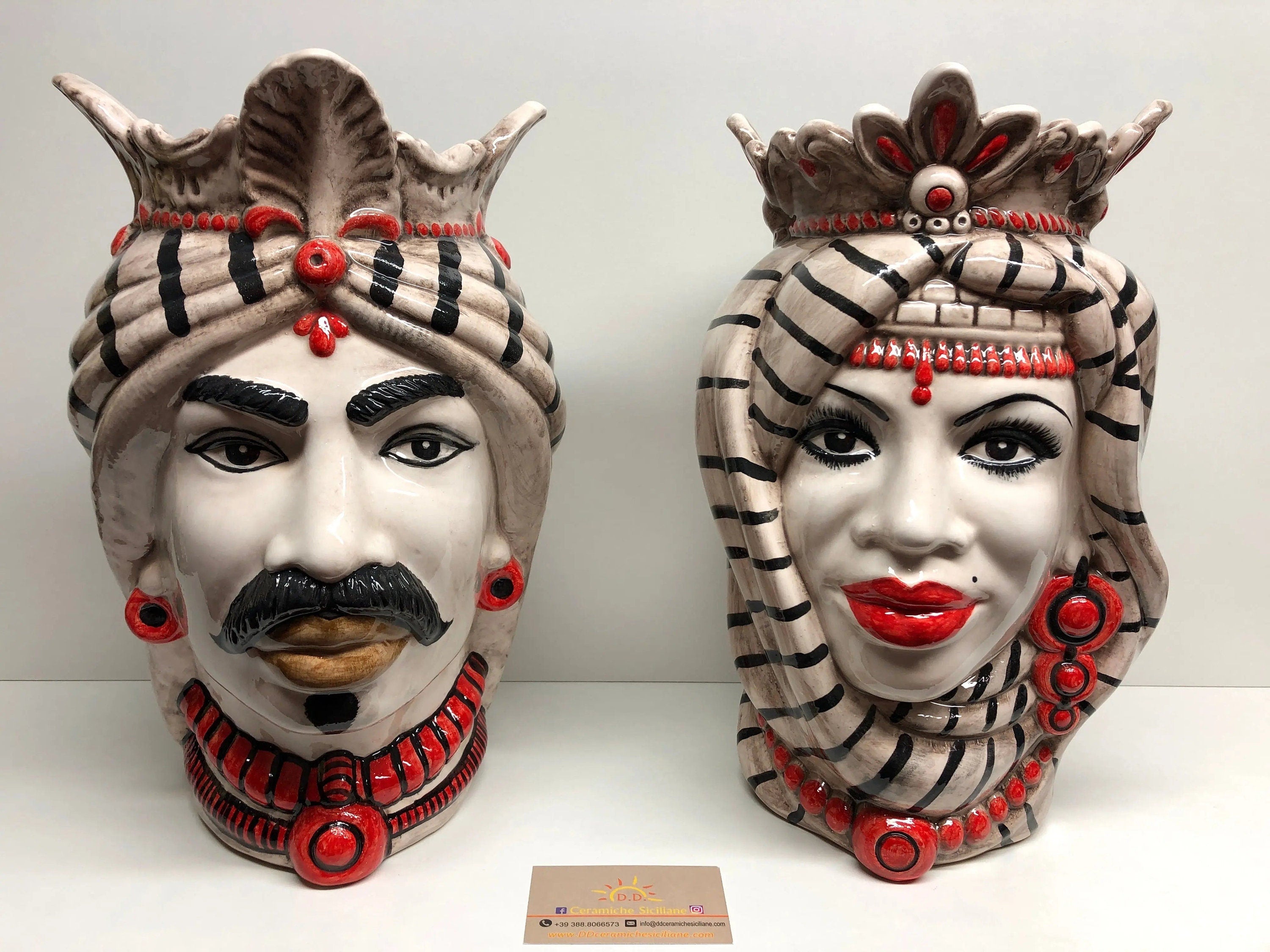 Teste di Moro Afro Ceramica Caltagirone cm H.35 L.23 Artigianale Turbante Striscie DD CERAMICHE SICILIANE