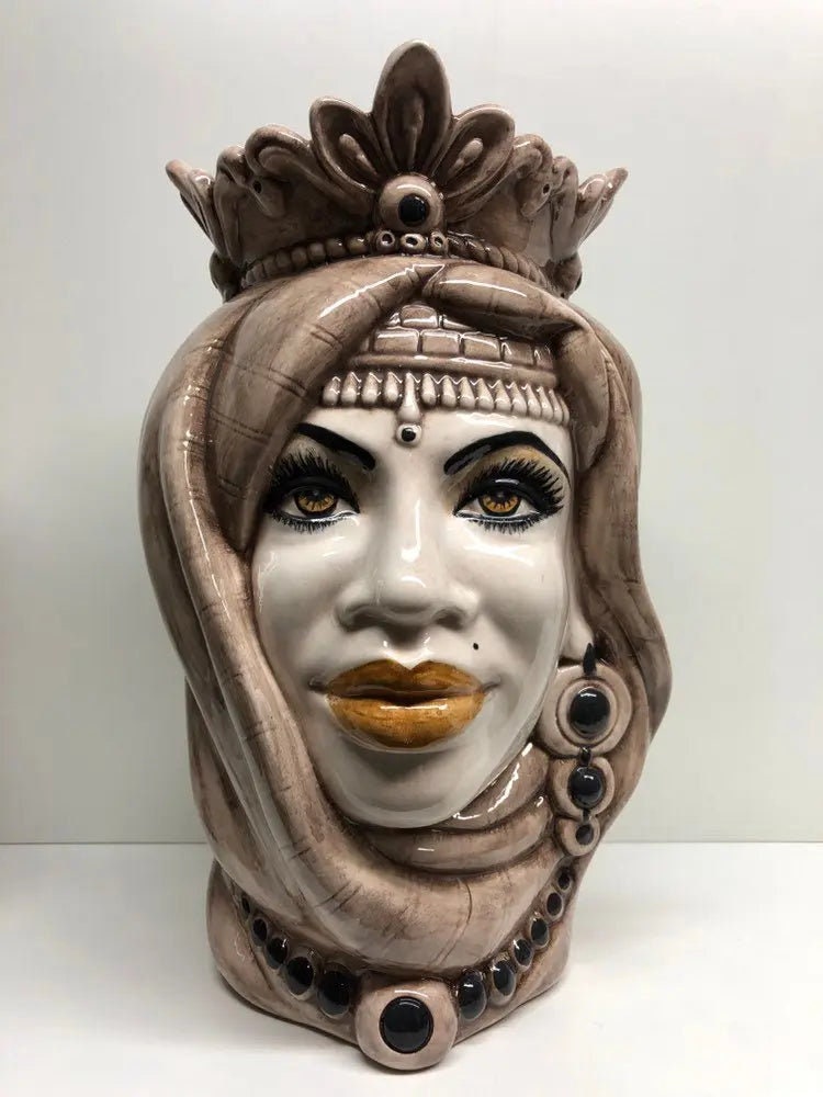 Teste di Moro Afro Ceramica Caltagirone cm H.35 L.23 Artigianale Beige Écru DD CERAMICHE SICILIANE