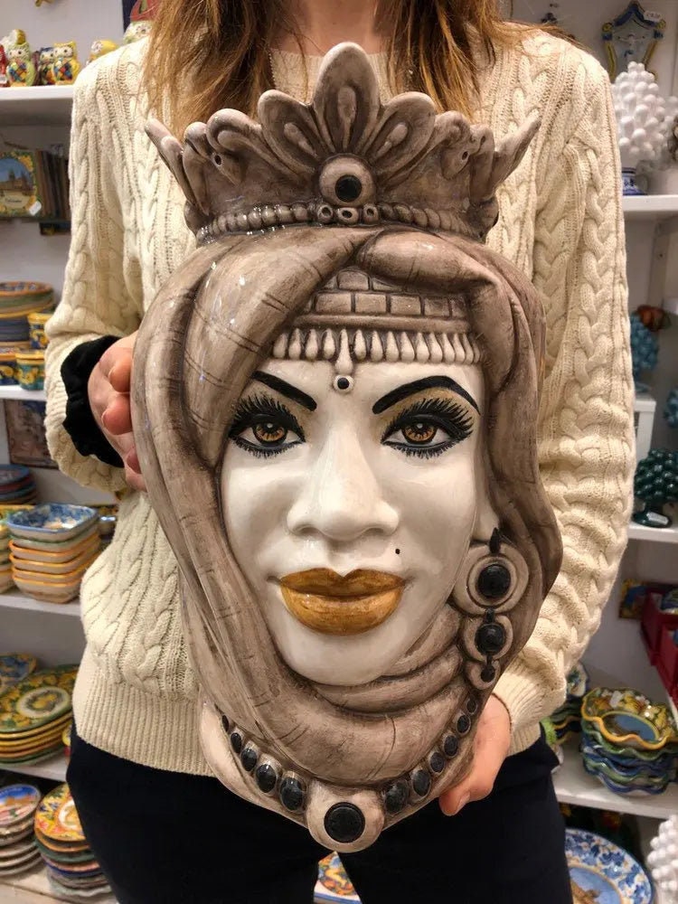 Teste di Moro Afro Ceramica Caltagirone cm H.35 L.23 Artigianale Beige Écru DD CERAMICHE SICILIANE