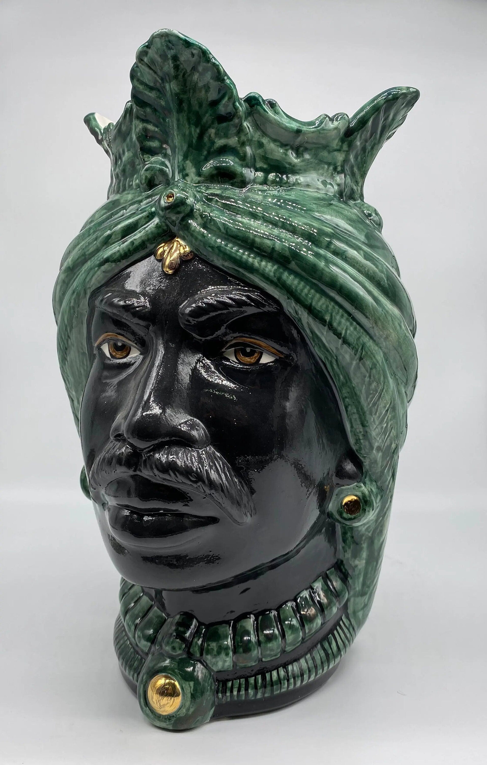 Teste di Moro Afro Ceramica Caltagirone cm H.35 L.23 Artigianale Verde con Oro DD CERAMICHE SICILIANE
