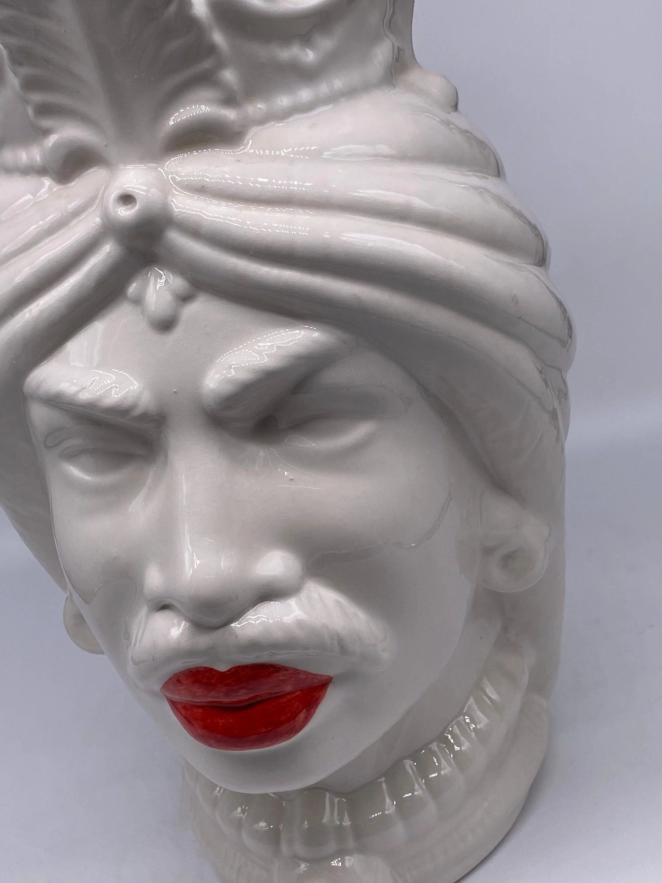 Teste di Moro Afro Ceramica Caltagirone cm H.37 L.24 Artigianale Bianco Labbra Rosse DD CERAMICHE SICILIANE