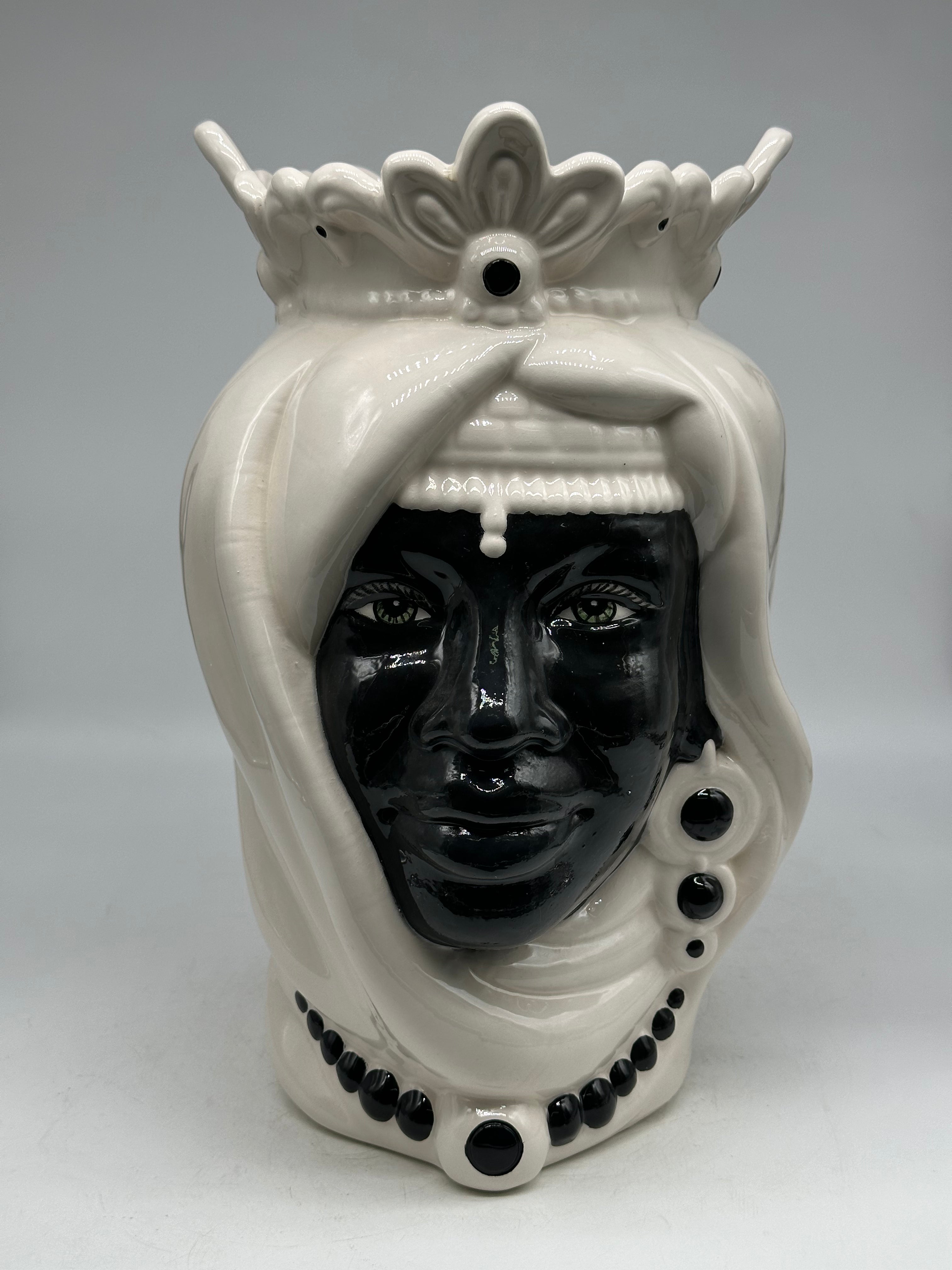 Teste di Moro Afro Ceramica Caltagirone cm H.35 L.23 Artigianale Bicolore Bianco Nero - TESTE DI MORO