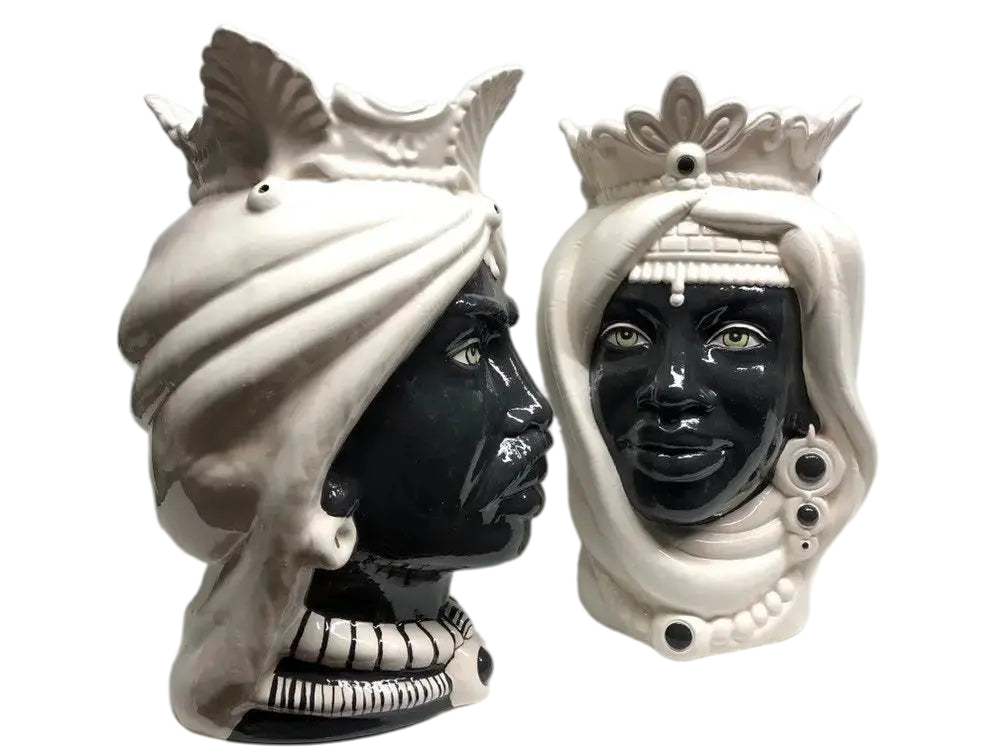 Teste di Moro Afro Ceramica Caltagirone cm H.35 L.23 Artigianale Bicolore Bianco Nero - DD CERAMICHE SICILIANE