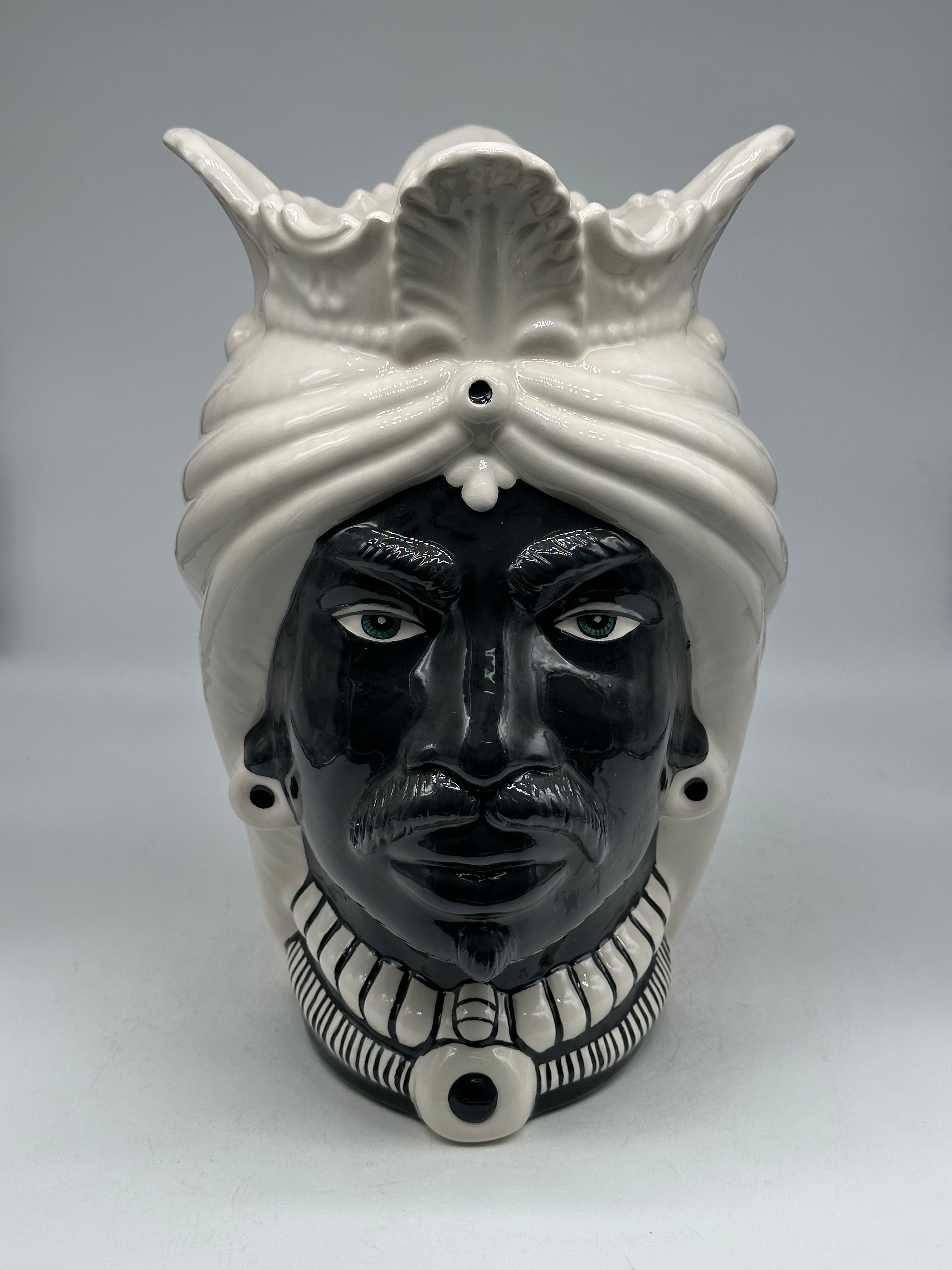 Teste di Moro Afro Ceramica Caltagirone cm H.35 L.23 Artigianale Bicolore Bianco Nero - TESTE DI MORO