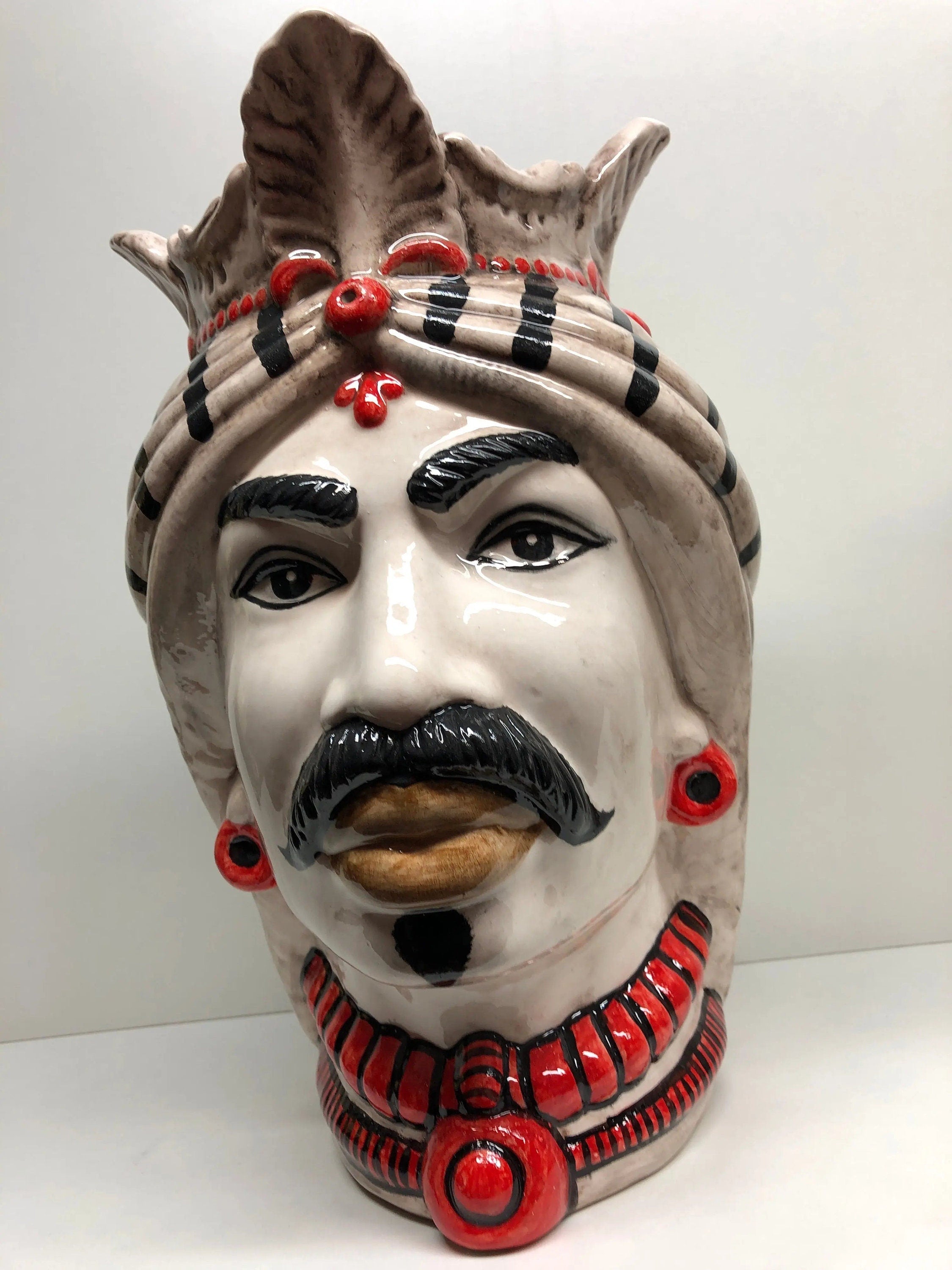 Teste di Moro Afro Ceramica Caltagirone cm H.35 L.23 Artigianale Turbante Striscie DD CERAMICHE SICILIANE