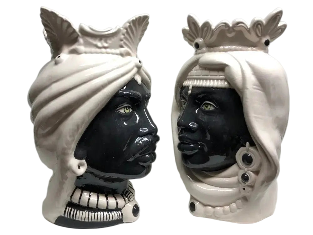 Teste di Moro Afro Ceramica Caltagirone cm H.35 L.23 Artigianale Bicolore Bianco Nero - DD CERAMICHE SICILIANE