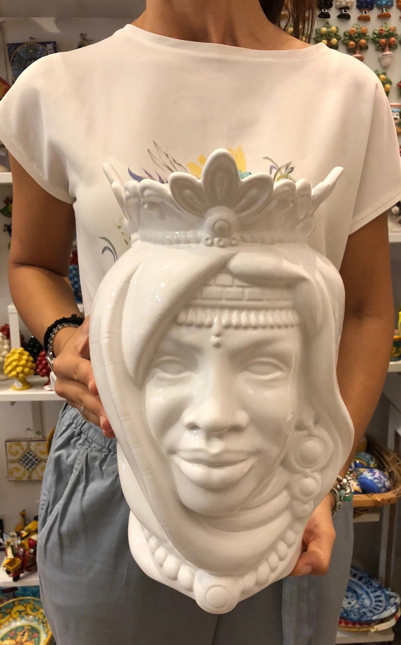 Teste di Moro Afro Ceramica Caltagirone cm H.35 L.23 Artigianale Bianco DD CERAMICHE SICILIANE