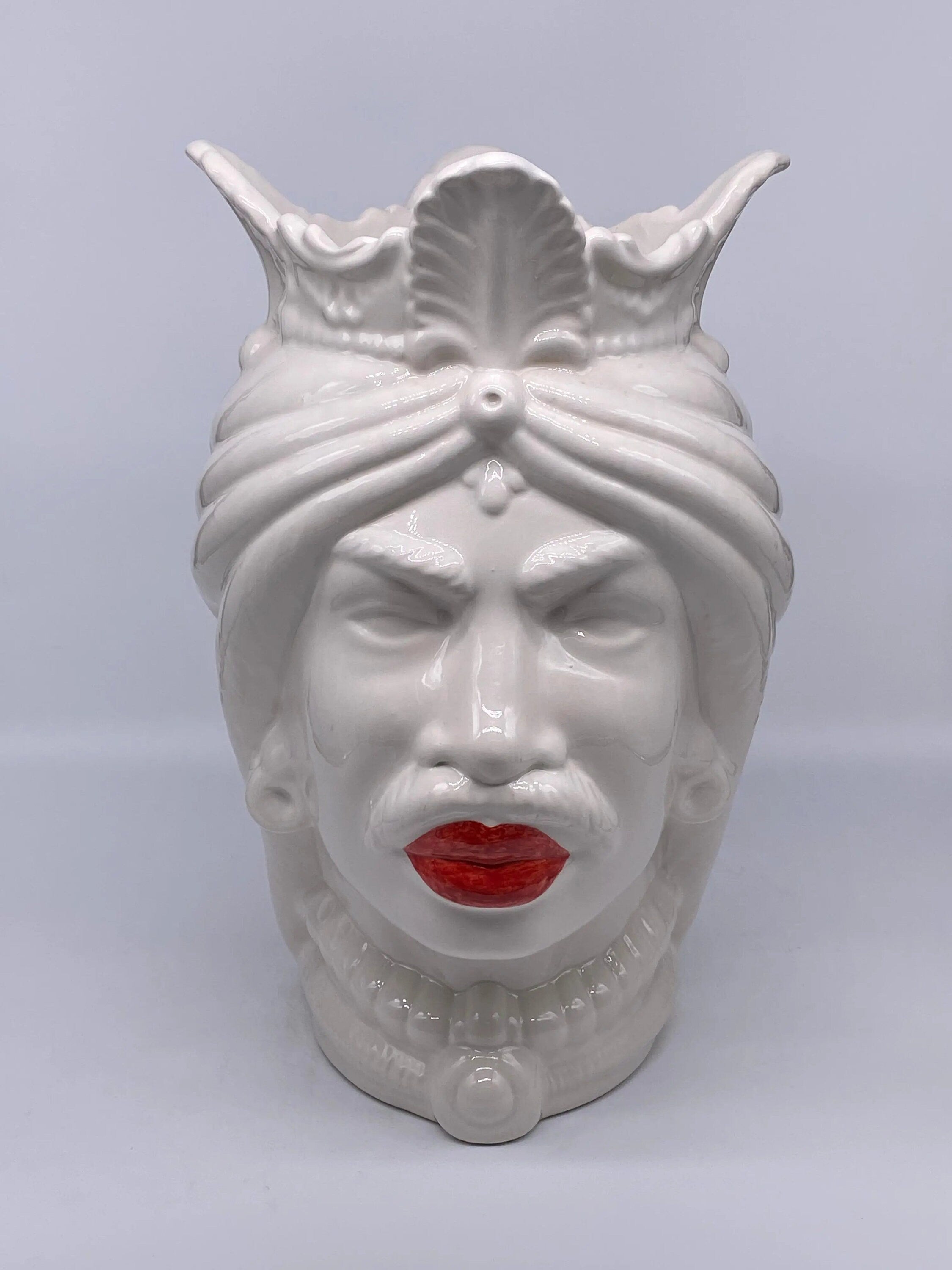 Teste di Moro Afro Ceramica Caltagirone cm H.37 L.24 Artigianale Bianco Labbra Rosse DD CERAMICHE SICILIANE