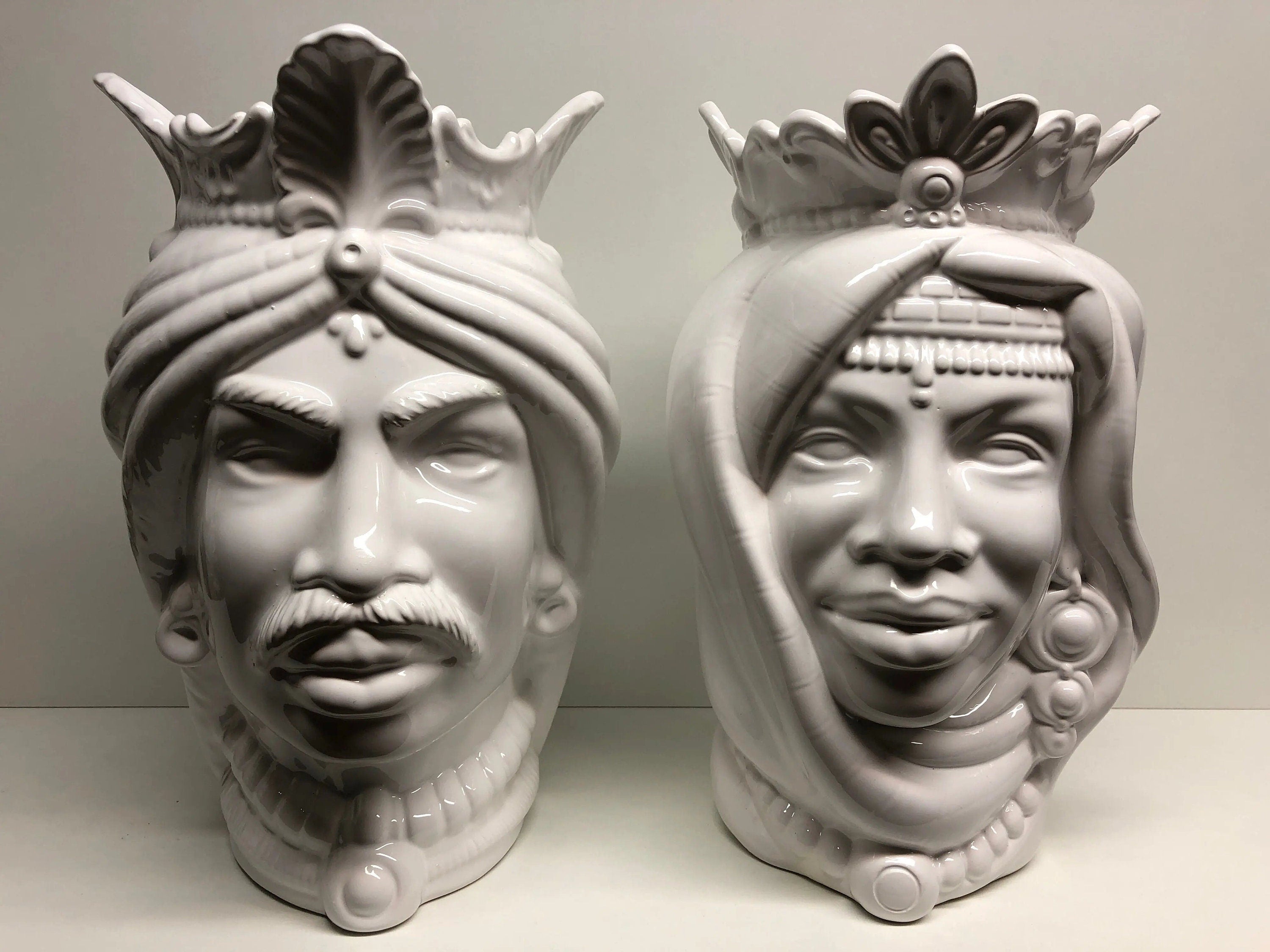 Teste di Moro Afro Ceramica Caltagirone cm H.35 L.23 Artigianale Bianco DD CERAMICHE SICILIANE