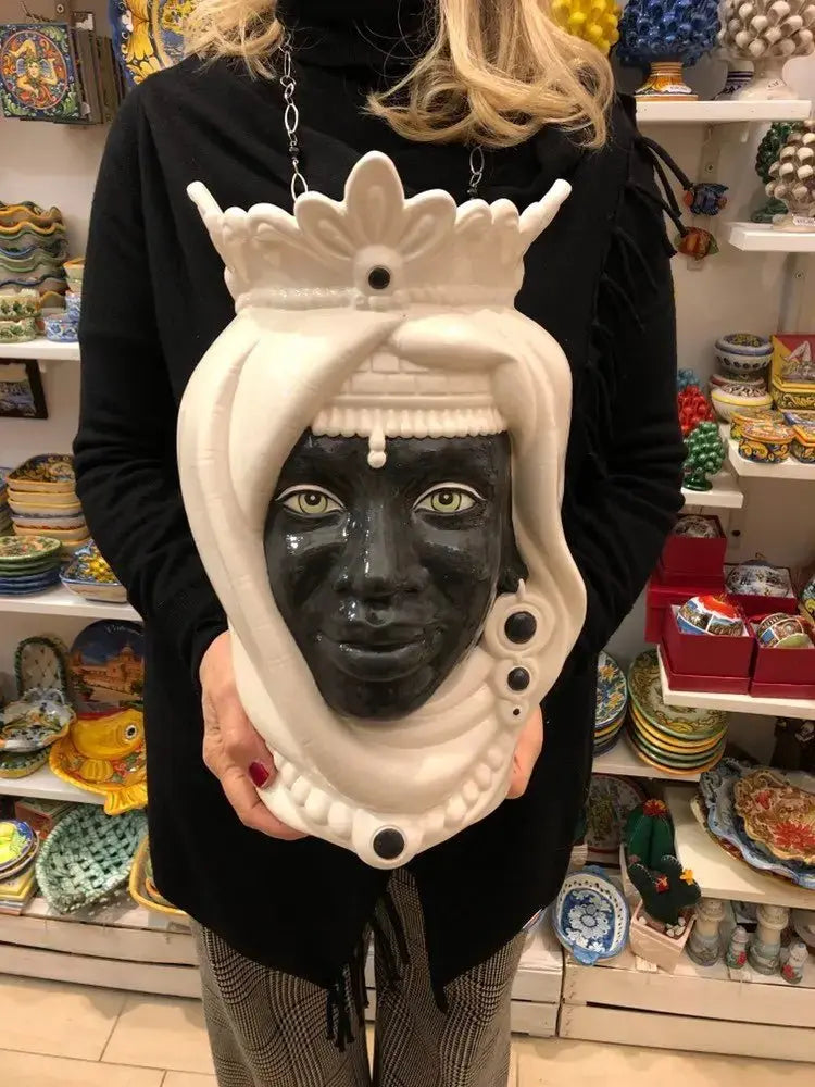 Teste di Moro Afro Ceramica Caltagirone cm H.35 L.23 Artigianale Bicolore Bianco Nero - DD CERAMICHE SICILIANE