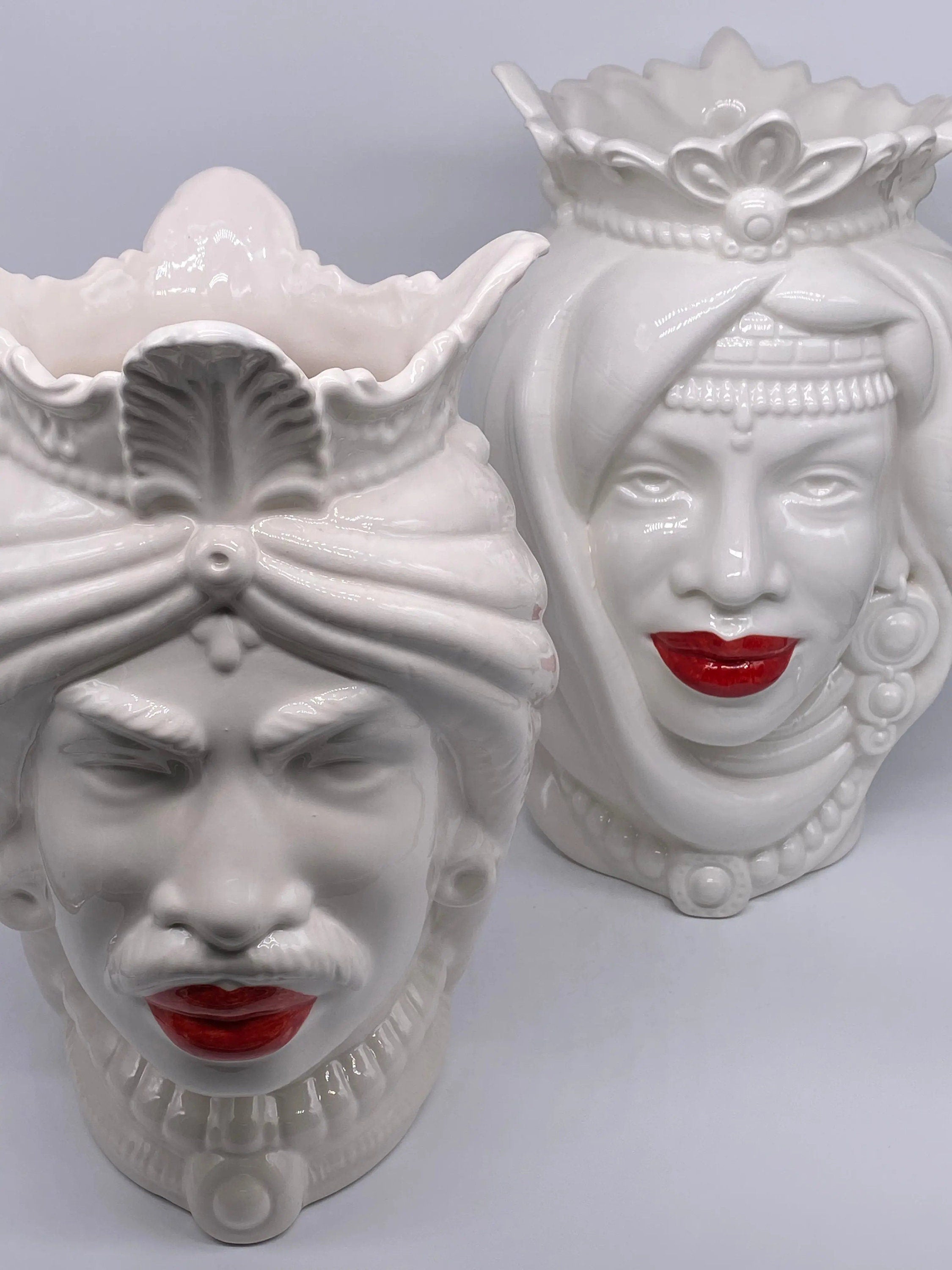 Teste di Moro Afro Ceramica Caltagirone cm H.37 L.24 Artigianale Bianco Labbra Rosse DD CERAMICHE SICILIANE
