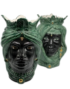 Teste di Moro Afro Ceramica Caltagirone cm H.35 L.23 Artigianale Verde con Oro - DD CERAMICHE SICILIANE