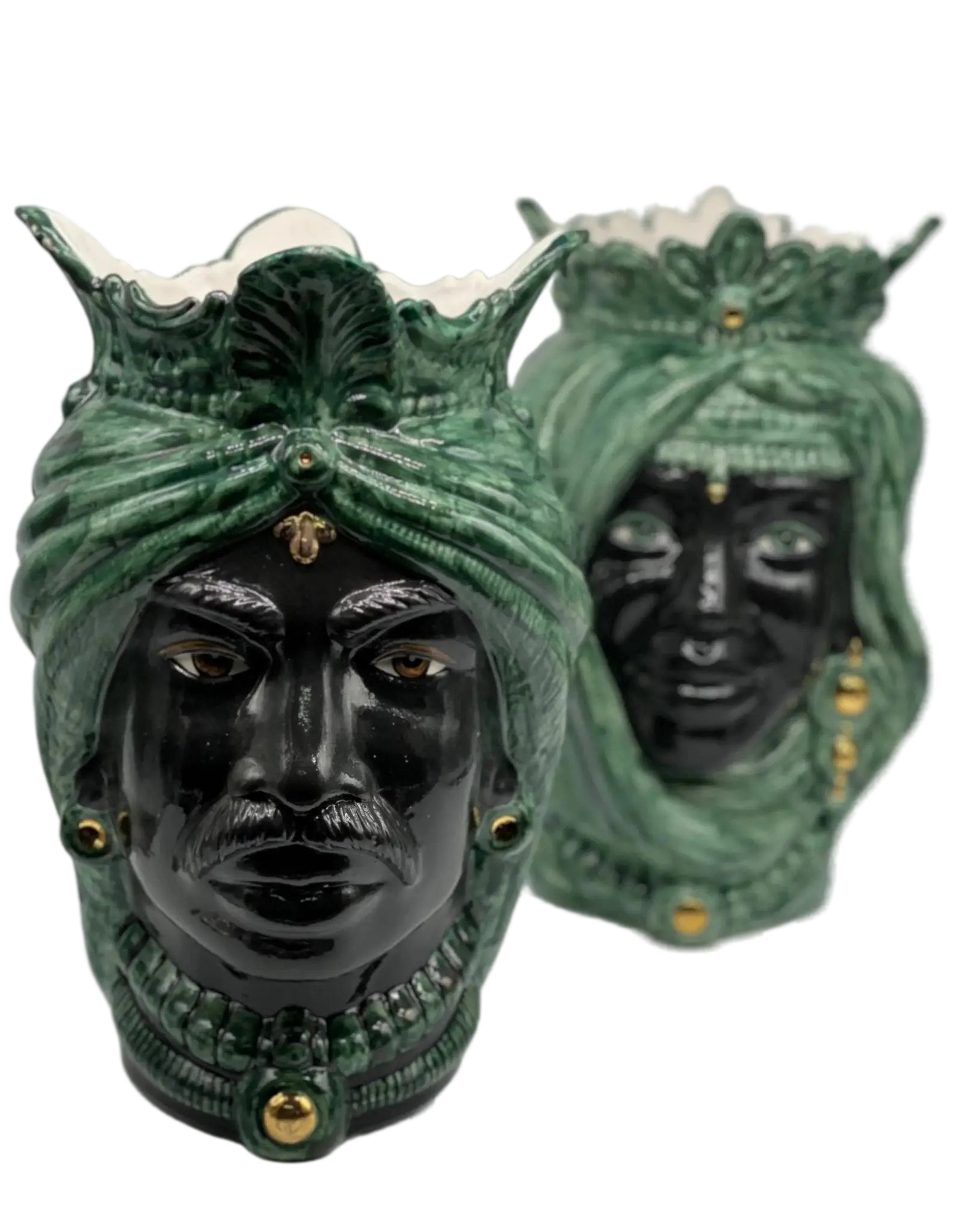 Teste di Moro Afro Ceramica Caltagirone cm H.35 L.23 Artigianale Verde con Oro - DD CERAMICHE SICILIANE