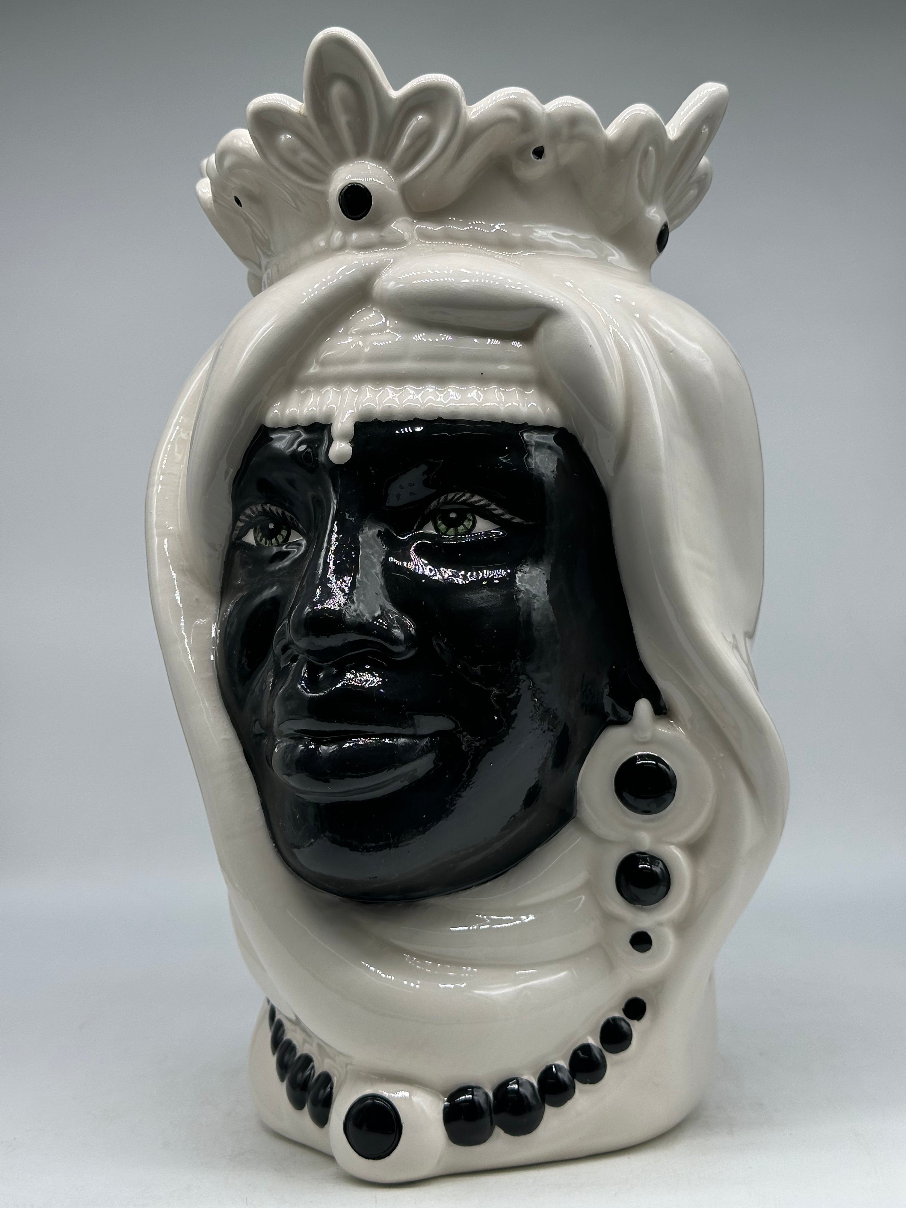 Teste di Moro Afro Ceramica Caltagirone cm H.35 L.23 Artigianale Bicolore Bianco Nero - TESTE DI MORO