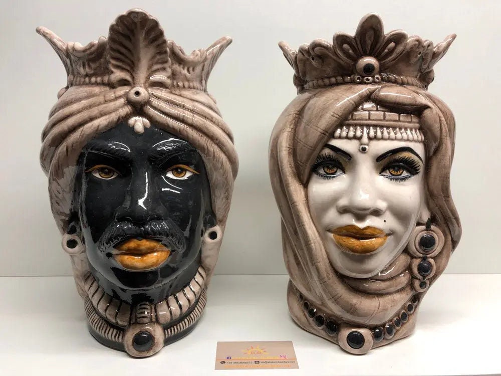 Teste di Moro Afro Ceramica Caltagirone cm H.35 L.23 Artigianale Beige Écru DD CERAMICHE SICILIANE