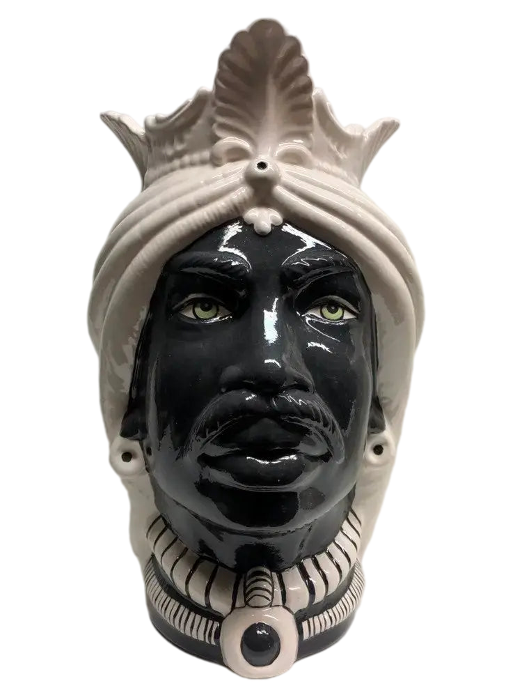 Teste di Moro Afro Ceramica Caltagirone cm H.35 L.23 Artigianale Bicolore Bianco Nero - DD CERAMICHE SICILIANE