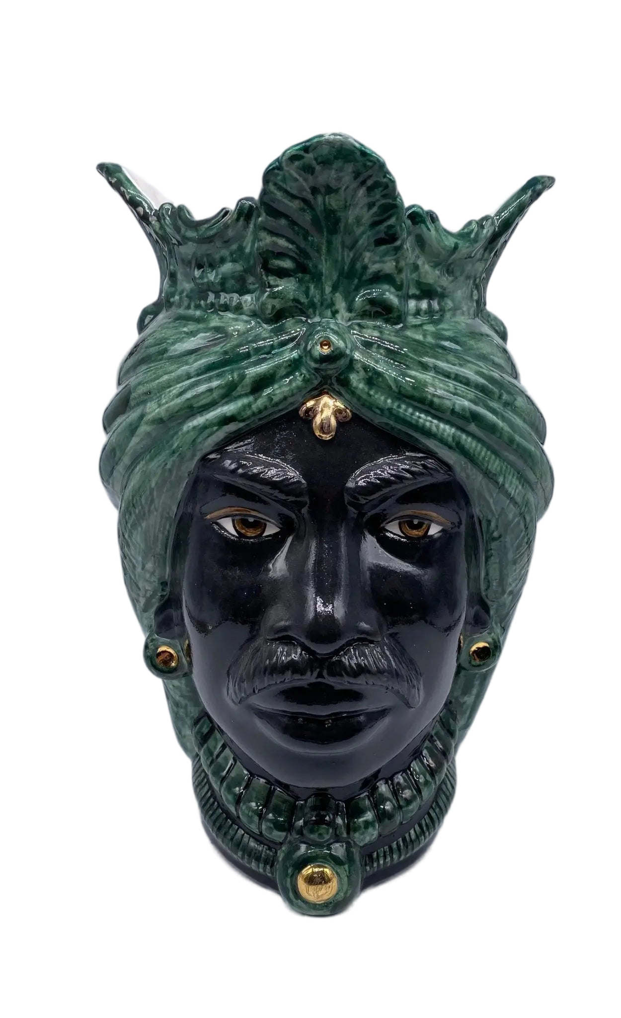 Teste di Moro Afro Ceramica Caltagirone cm H.35 L.23 Artigianale Verde con Oro - DD CERAMICHE SICILIANE