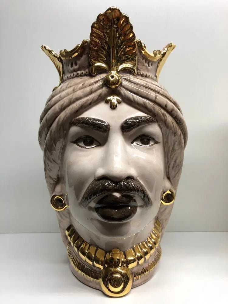 Teste di Moro Afro Ceramica Caltagirone cm H.35 L.23 Artigianale Écru dettagli Oro DD CERAMICHE SICILIANE