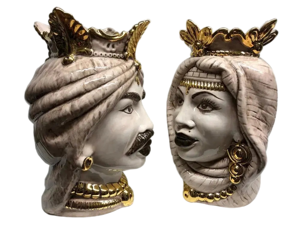 Teste di Moro Afro Ceramica Caltagirone cm H.35 L.23 Artigianale Écru dettagli Oro - DD CERAMICHE SICILIANE