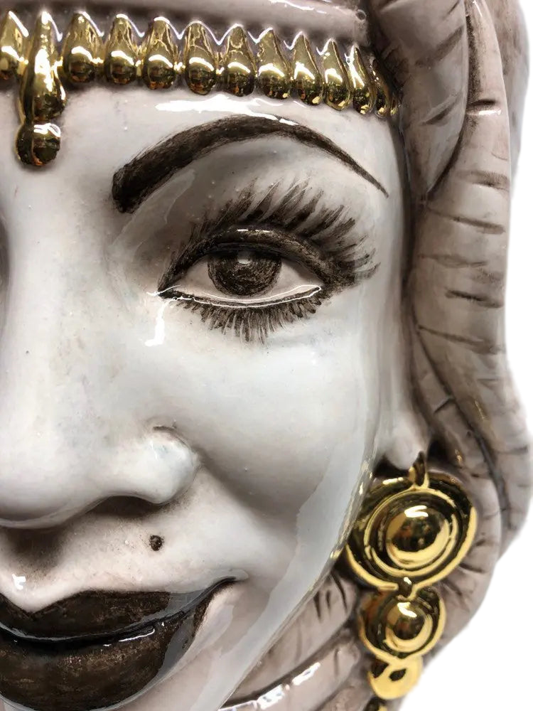 Teste di Moro Afro Ceramica Caltagirone cm H.35 L.23 Artigianale Écru dettagli Oro DD CERAMICHE SICILIANE