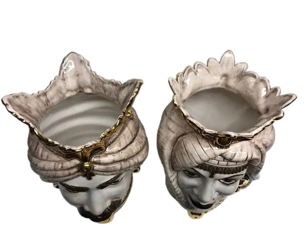 Teste di Moro Afro Ceramica Caltagirone cm H.35 L.23 Artigianale Écru dettagli Oro - DD CERAMICHE SICILIANE