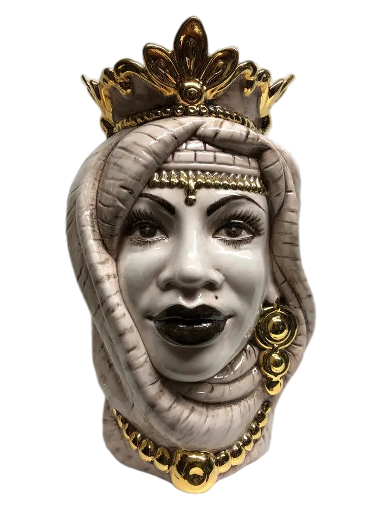 Teste di Moro Afro Ceramica Caltagirone cm H.35 L.23 Artigianale Écru dettagli Oro DD CERAMICHE SICILIANE