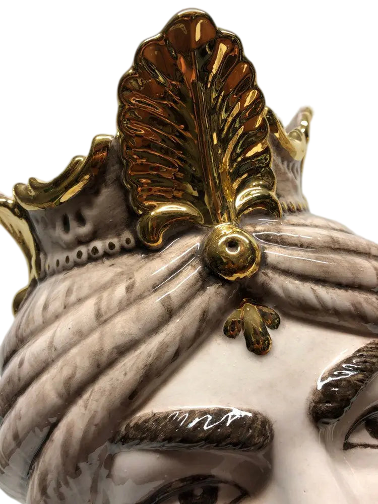 Teste di Moro Afro Ceramica Caltagirone cm H.35 L.23 Artigianale Écru dettagli Oro DD CERAMICHE SICILIANE