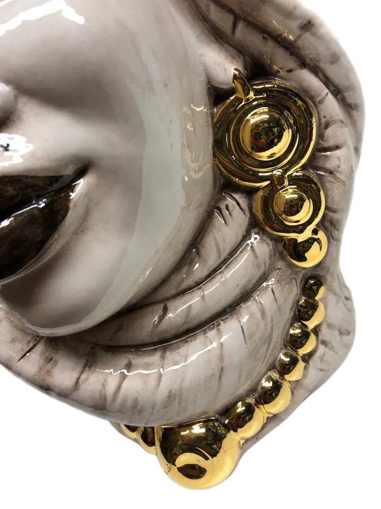Teste di Moro Afro Ceramica Caltagirone cm H.35 L.23 Artigianale Écru dettagli Oro DD CERAMICHE SICILIANE