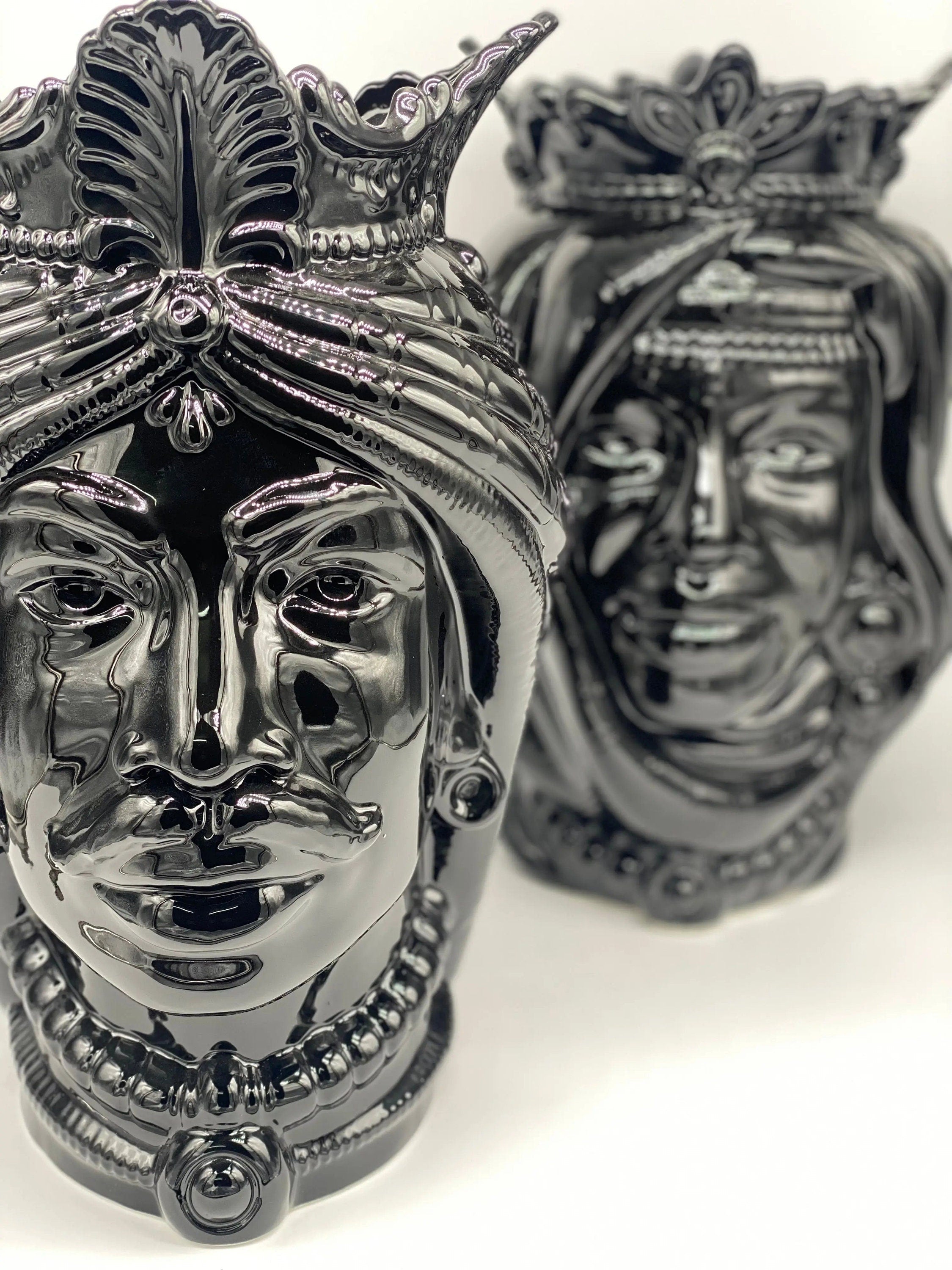 Teste di Moro Afro Ceramica Caltagirone cm H.37 L.24 Artigianale Nero Lucido DD CERAMICHE SICILIANE