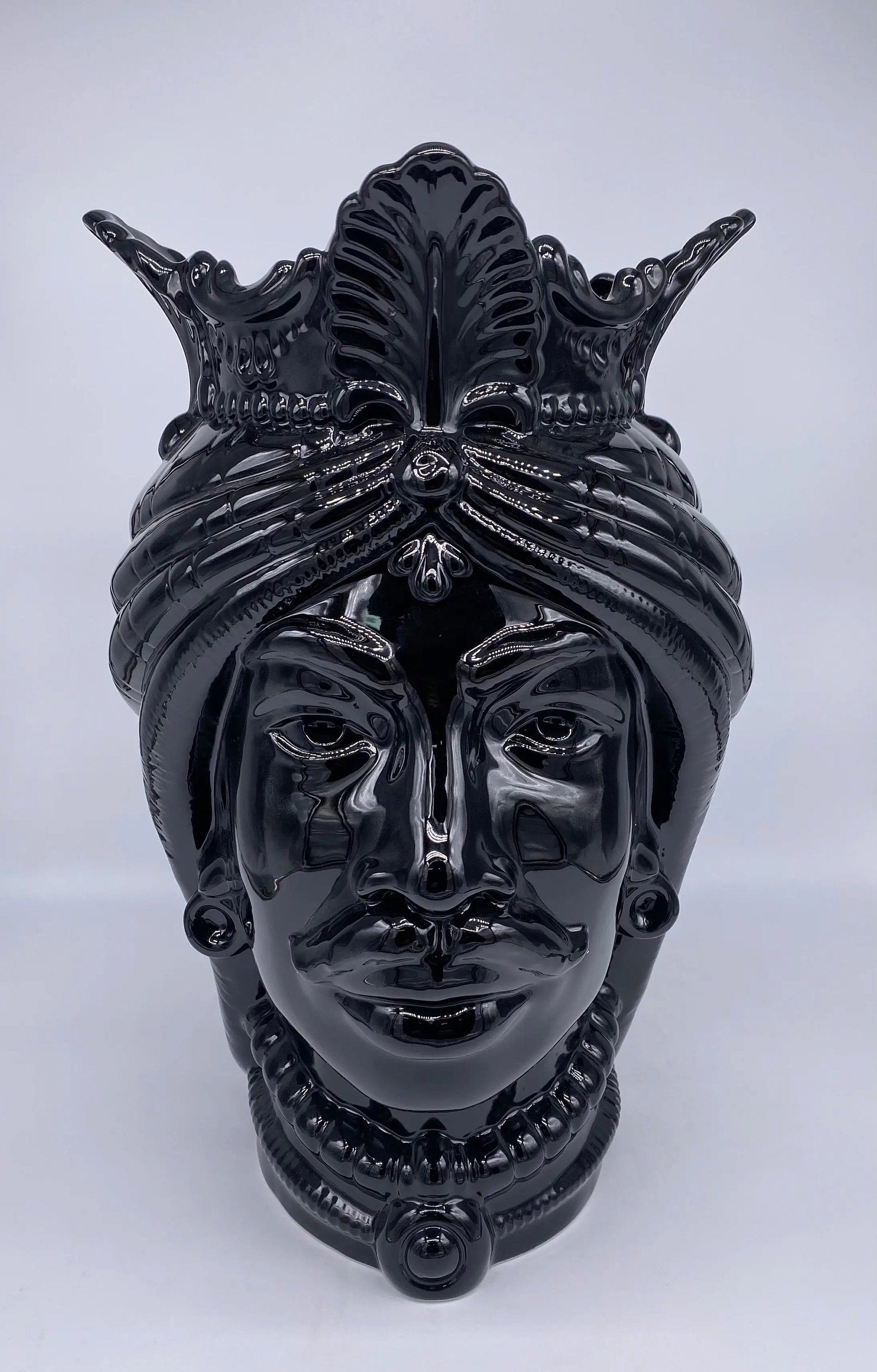 Teste di Moro Afro Ceramica Caltagirone cm H.37 L.24 Artigianale Nero Lucido DD CERAMICHE SICILIANE