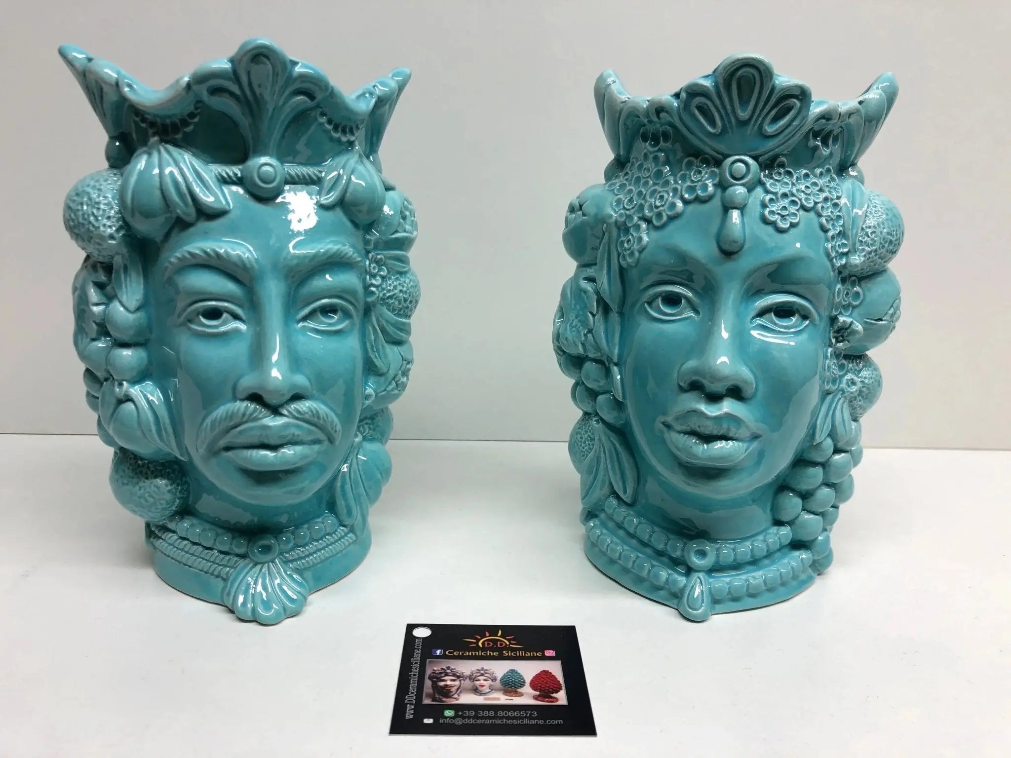 Teste di Moro Afro Frutta Ceramica Caltagirone cm H.18 L.12 Artigianale Celeste - DD CERAMICHE SICILIANE