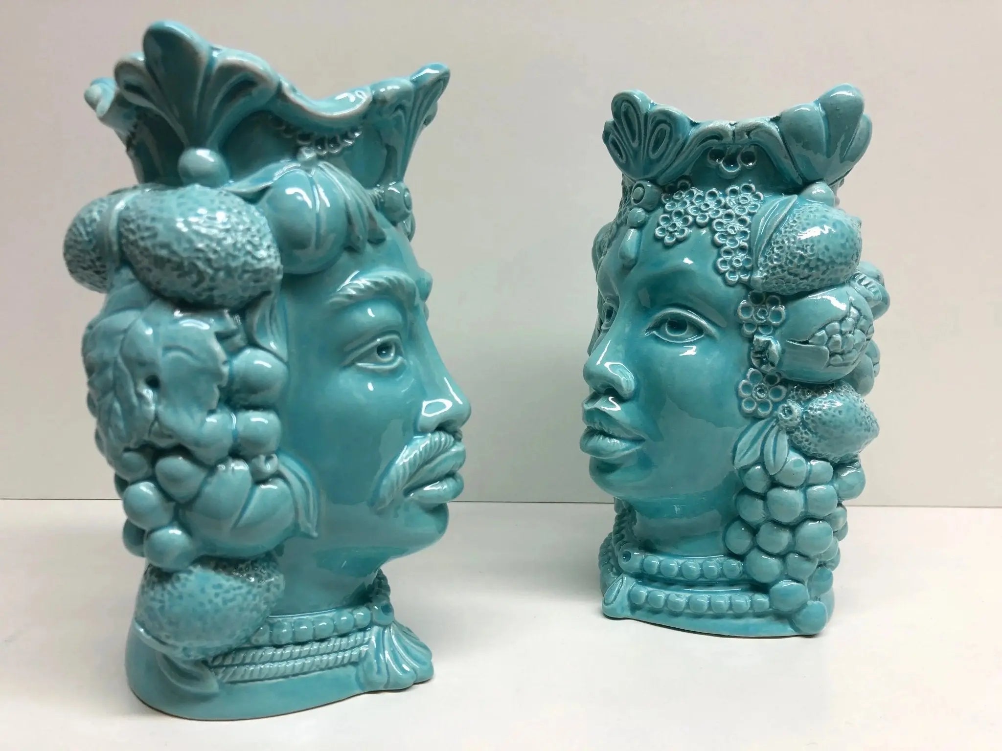 Teste di Moro Afro Frutta Ceramica Caltagirone cm H.18 L.12 Artigianale Celeste - DD CERAMICHE SICILIANE