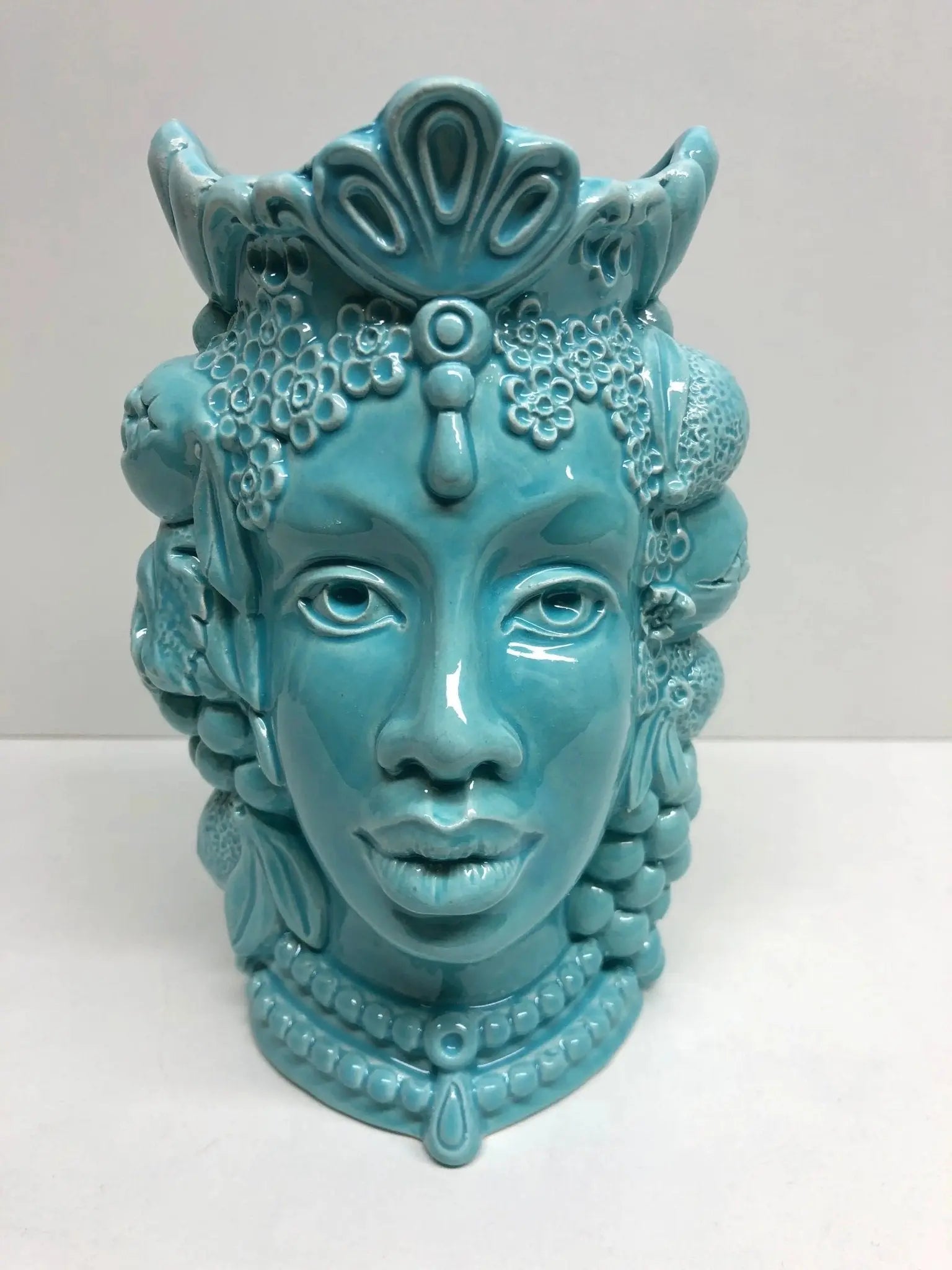 Teste di Moro Afro Frutta Ceramica Caltagirone cm H.18 L.12 Artigianale Celeste - DD CERAMICHE SICILIANE