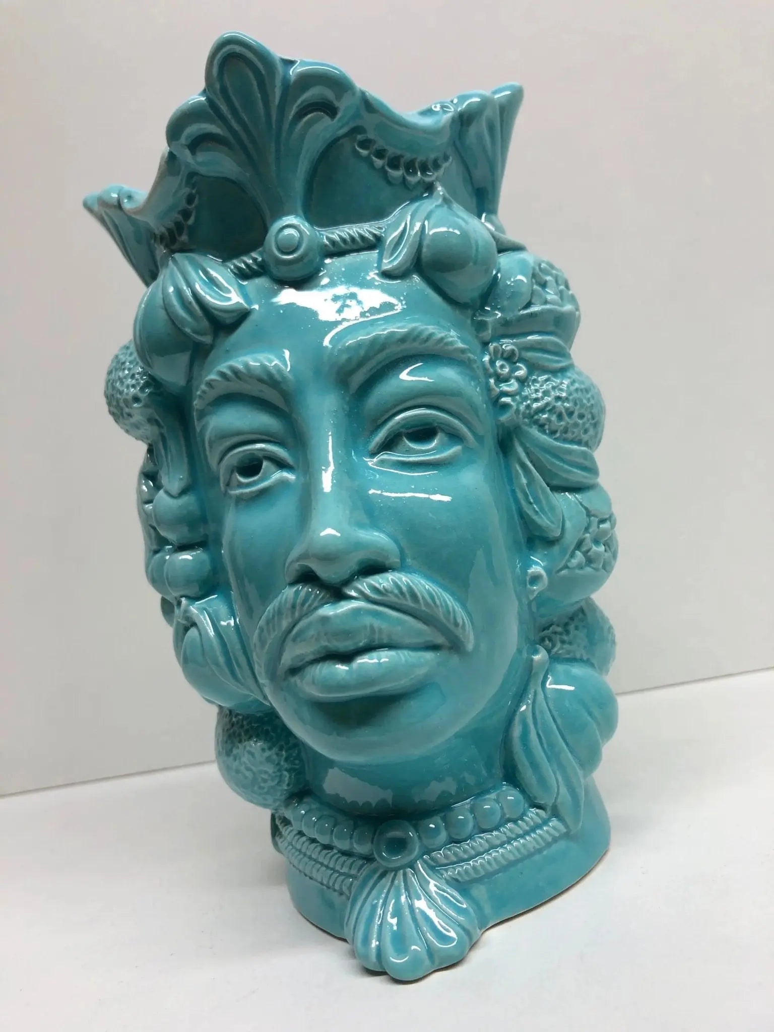 Teste di Moro Afro Frutta Ceramica Caltagirone cm H.18 L.12 Artigianale Celeste - DD CERAMICHE SICILIANE