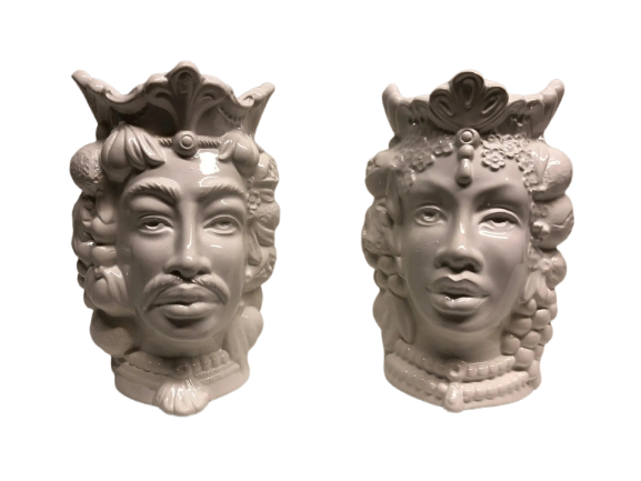 Teste di Moro Afro Frutta Ceramica Caltagirone cm H.18 L.12 Artigianale Bianco Lucido - DD CERAMICHE SICILIANE
