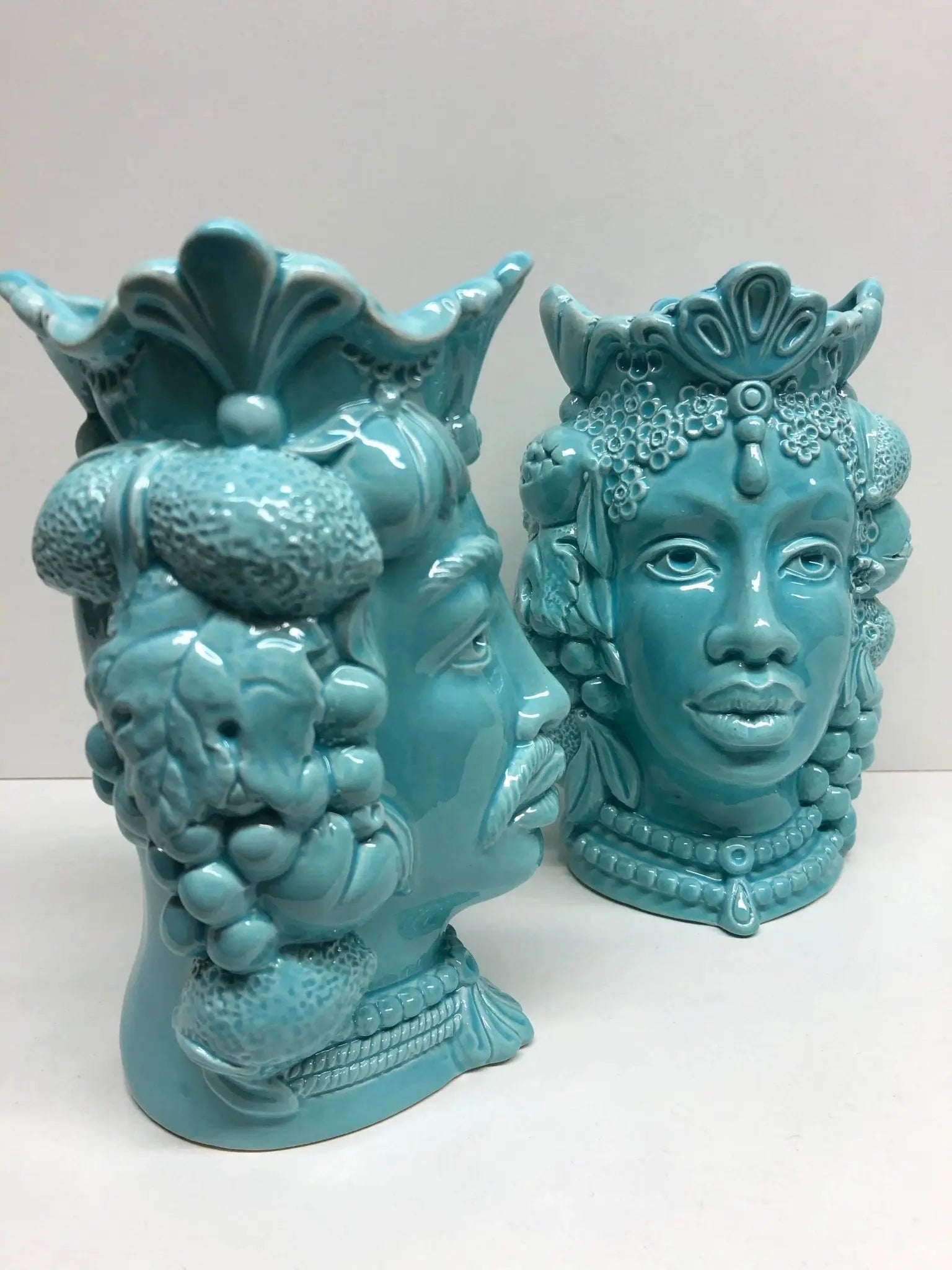 Teste di Moro Afro Frutta Ceramica Caltagirone cm H.18 L.12 Artigianale Celeste - DD CERAMICHE SICILIANE